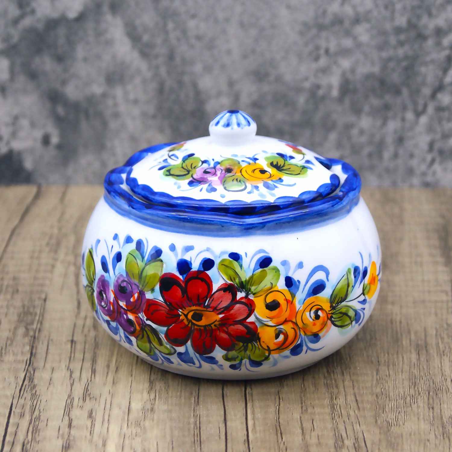 Hand Painted Portuguese Pottery Alcobaça Ceramic Sugar Bowl with Lid