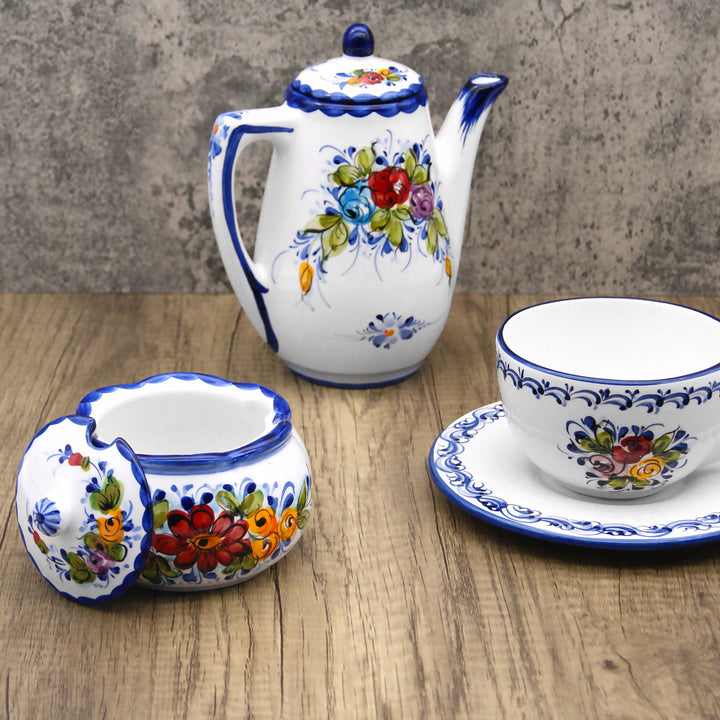 Hand Painted Portuguese Pottery Alcobaça Ceramic Sugar Bowl with Lid