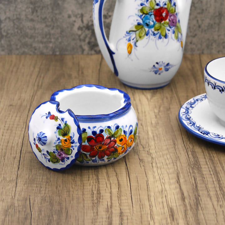 Hand Painted Portuguese Pottery Alcobaça Ceramic Sugar Bowl with Lid
