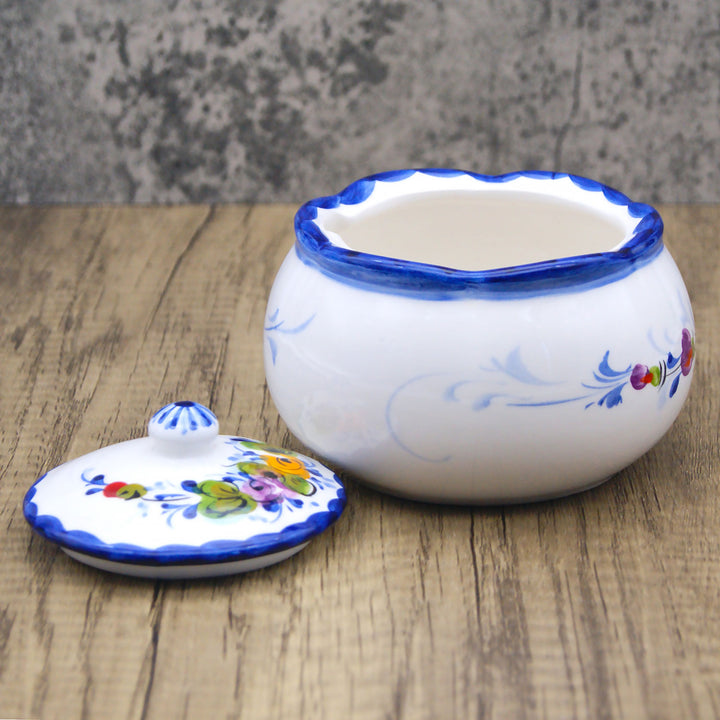 Hand Painted Portuguese Pottery Alcobaça Ceramic Sugar Bowl with Lid
