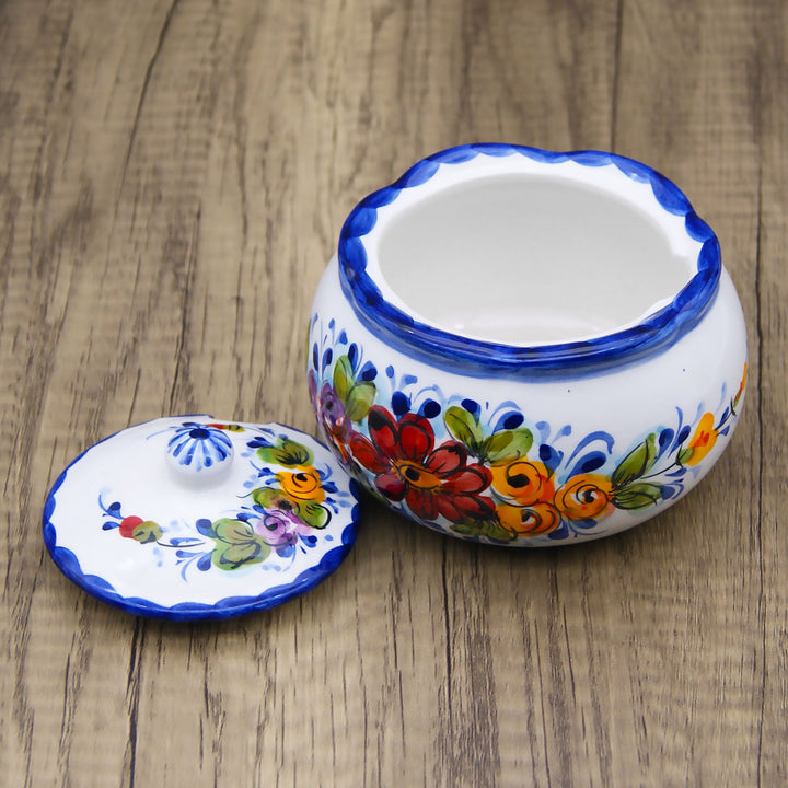 Hand Painted Portuguese Pottery Alcobaça Ceramic Sugar Bowl with Lid