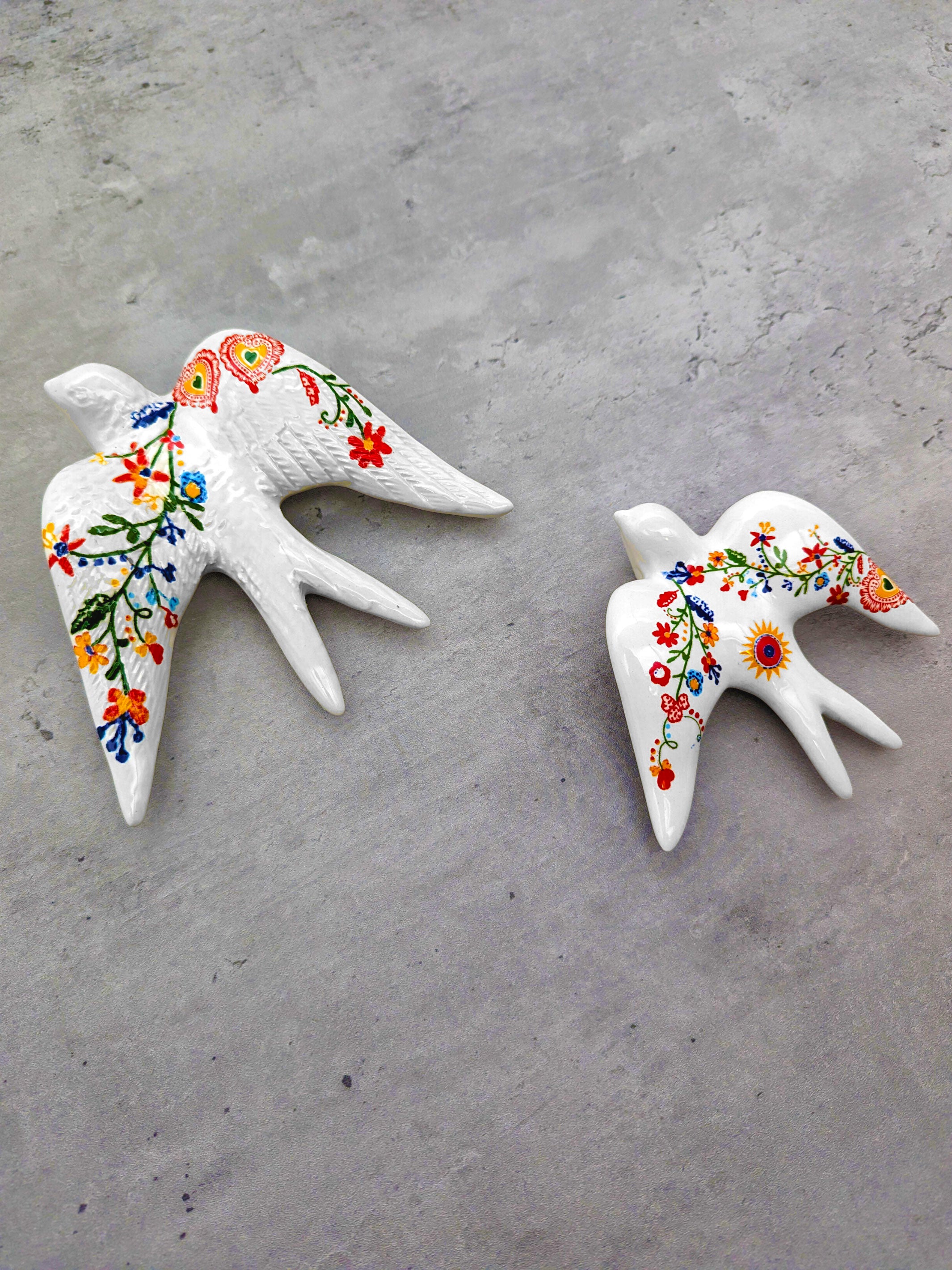 Hand Painted Portuguese Pottery Alcobaça Ceramic Swallow - Set of 2