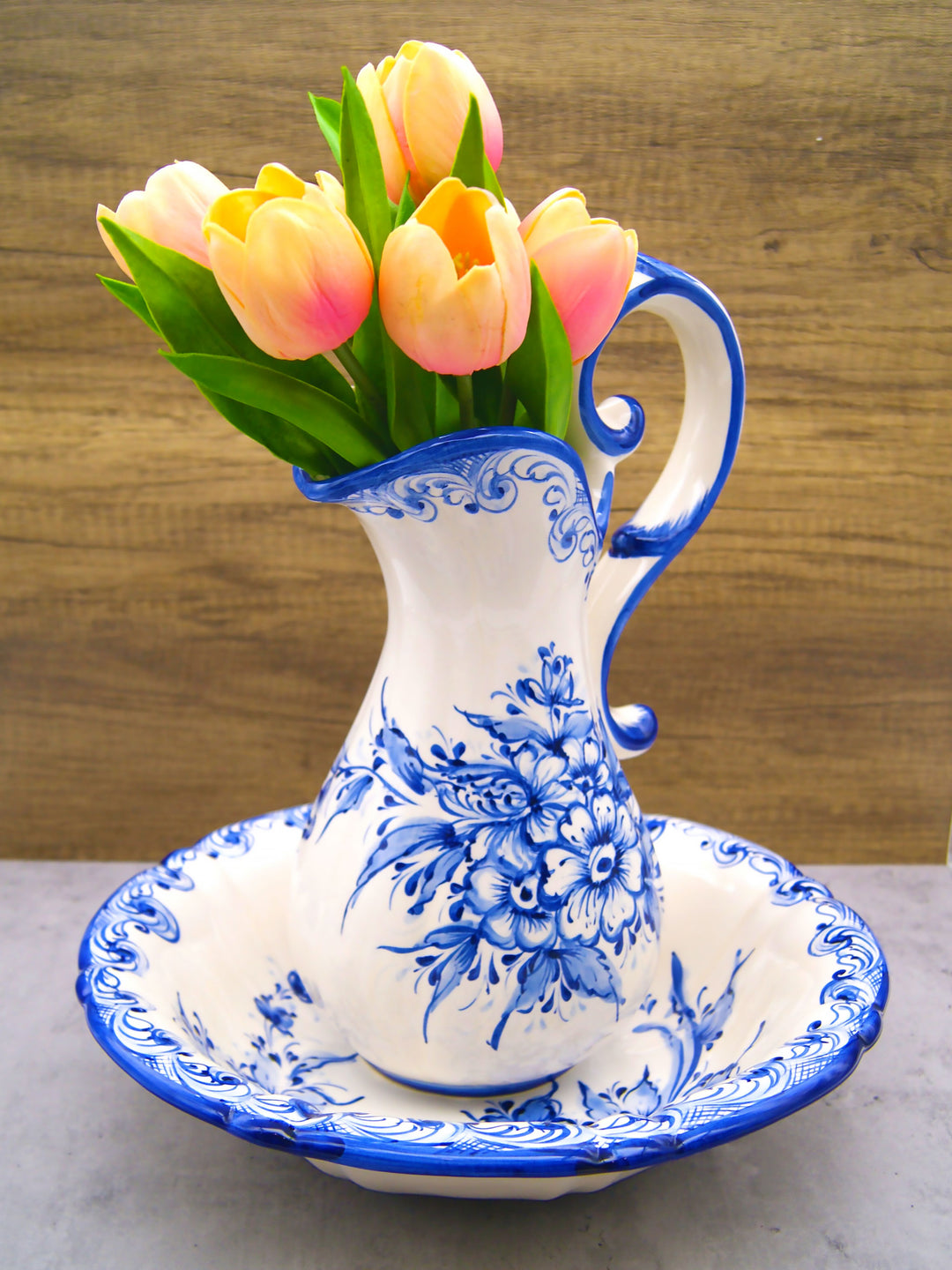 Hand Painted Portuguese Pottery Blue and White Wash Basin with Pitcher Set