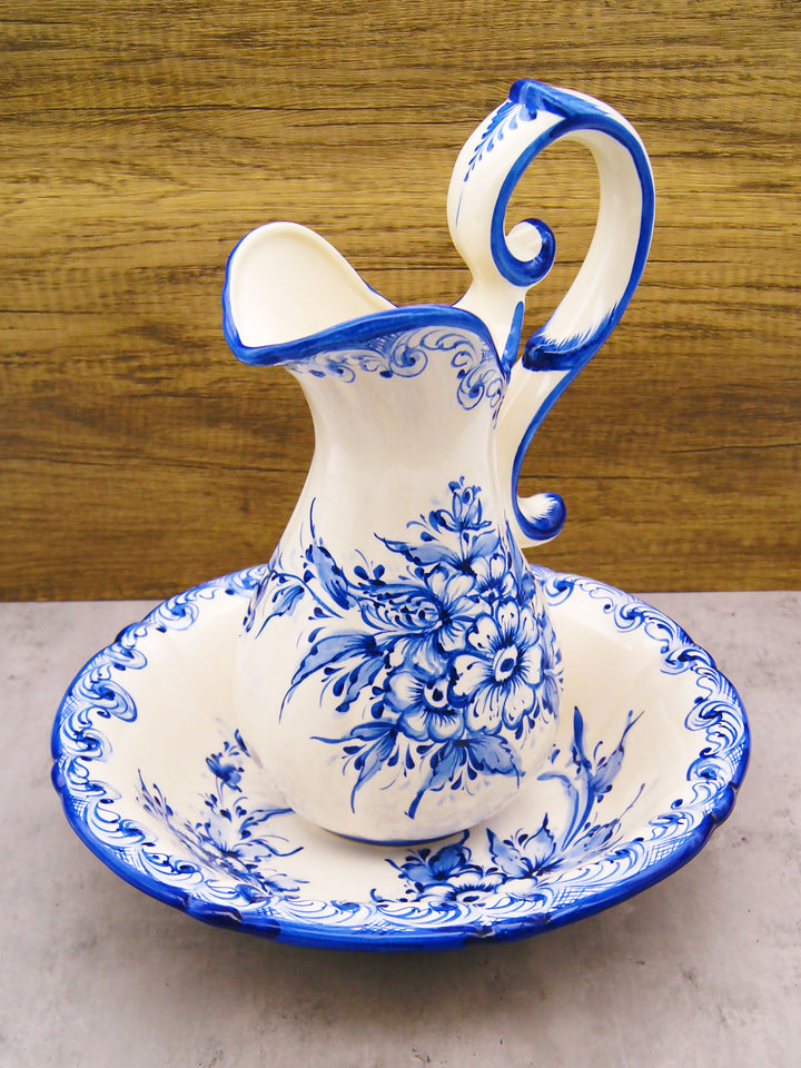 Hand Painted Portuguese Pottery Blue and White Wash Basin with Pitcher Set