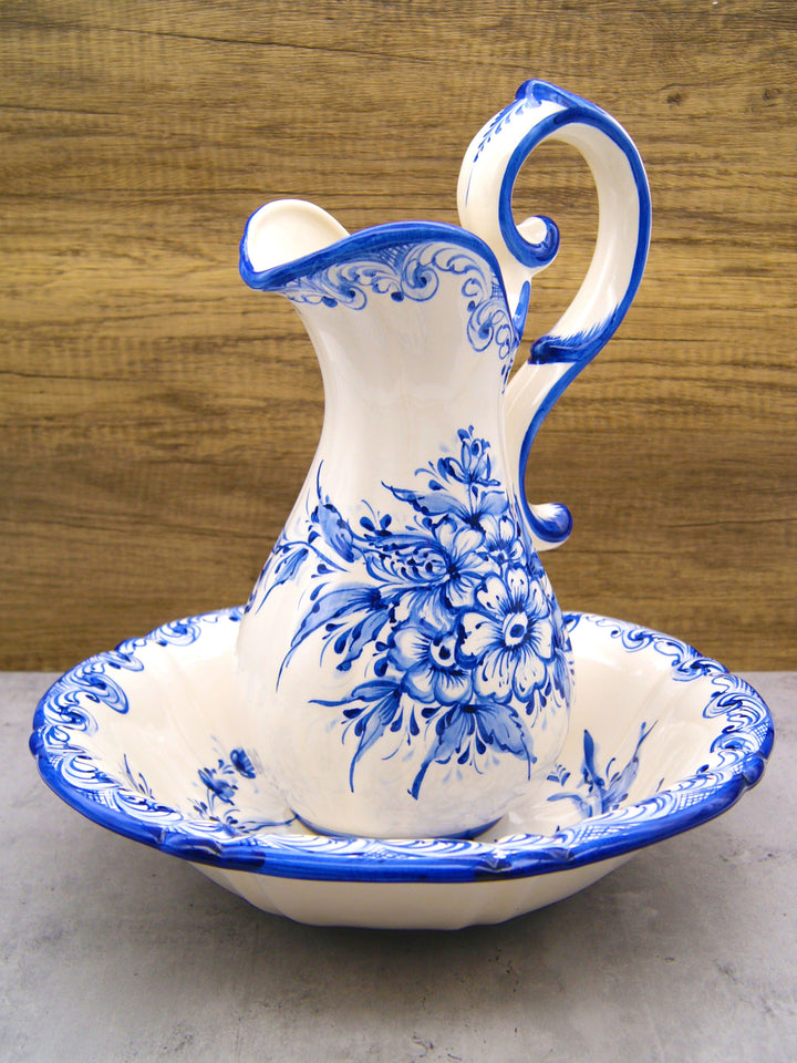 Hand Painted Portuguese Pottery Blue and White Wash Basin with Pitcher Set