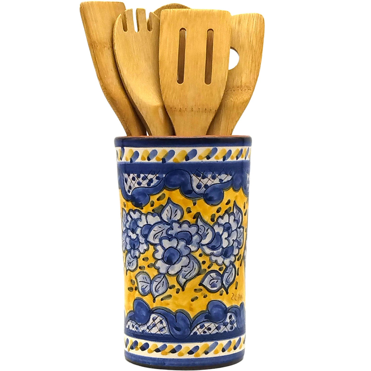 Hand Painted Portuguese Pottery Blue and Yellow Kitchen Utensil Holder