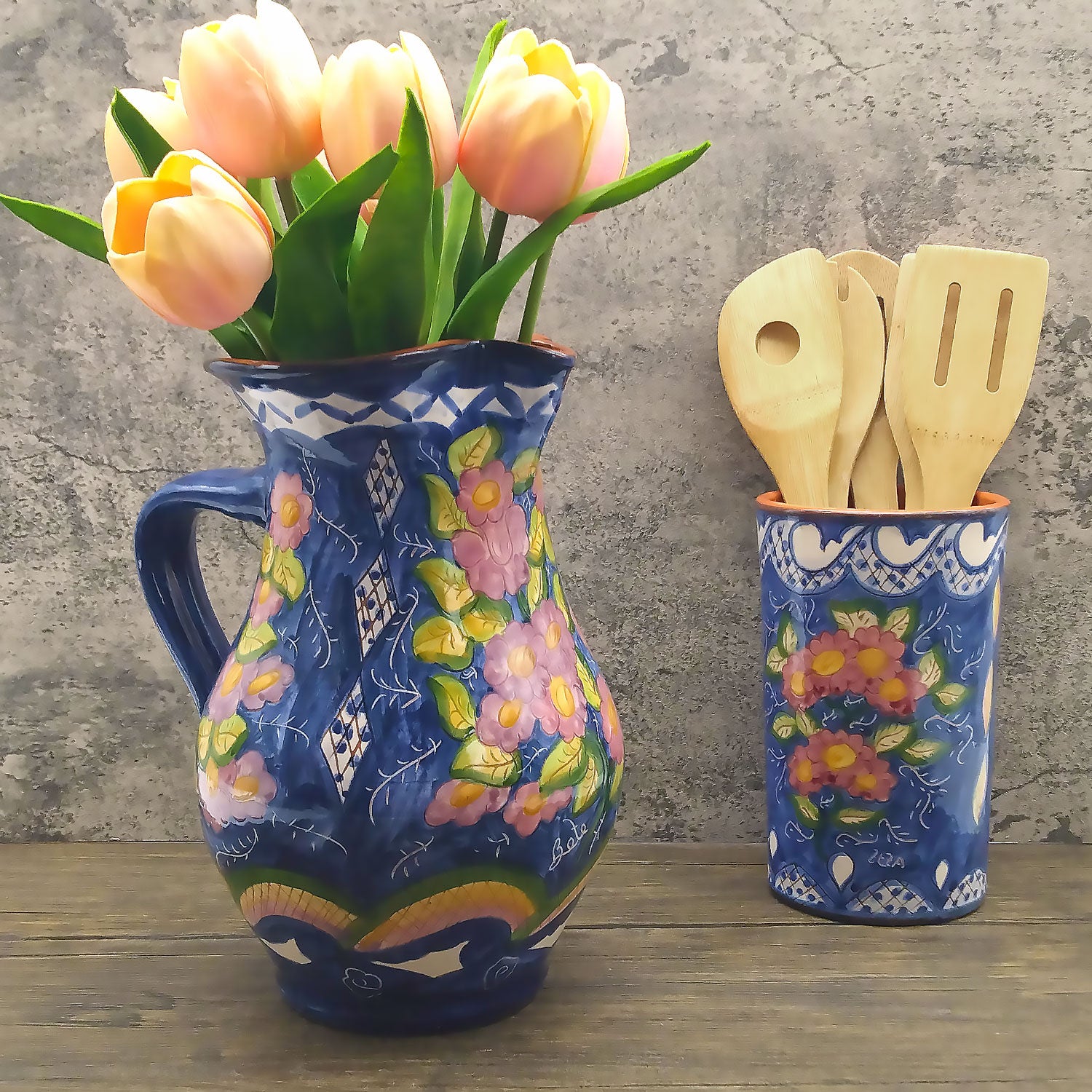 Hand Painted Portuguese Pottery Floral 3 Quart Pitcher