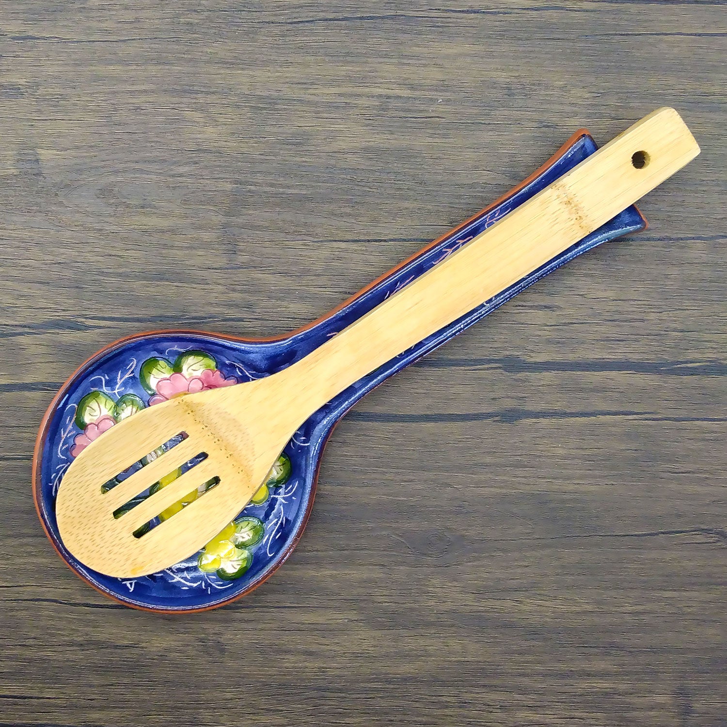 Hand Painted Portuguese Pottery Floral Ceramic Spoon Rest