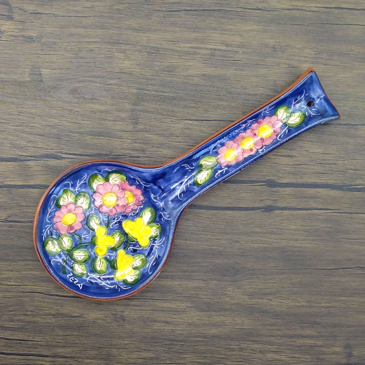 Hand Painted Portuguese Pottery Floral Ceramic Spoon Rest