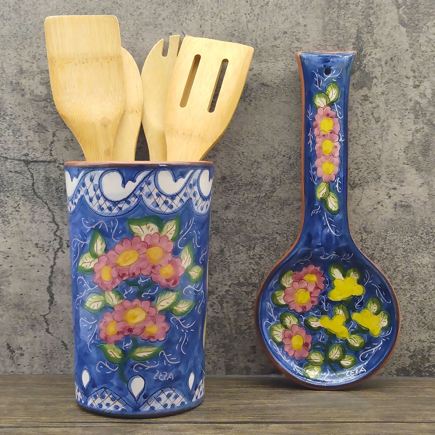 Hand Painted Portuguese Pottery Floral Ceramic Spoon Rest