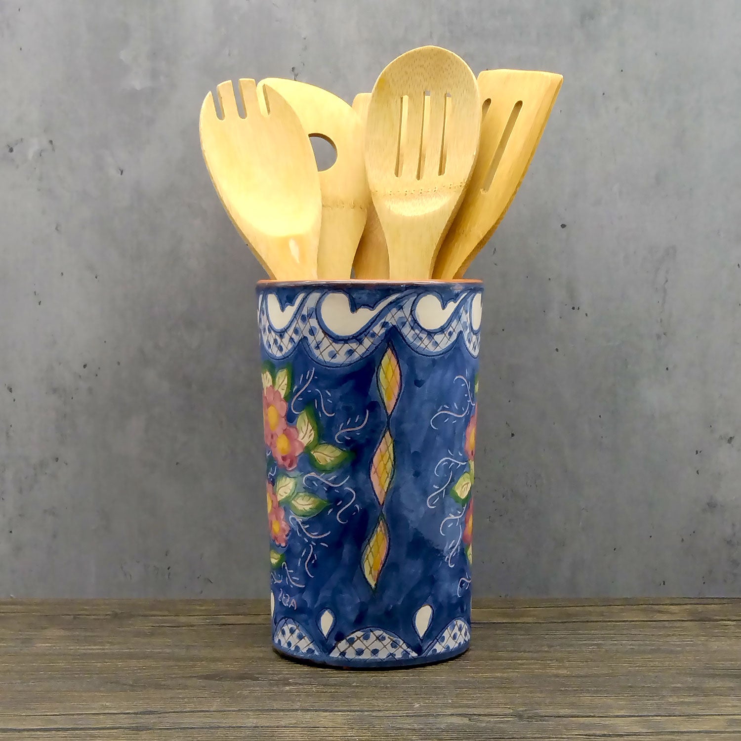 Hand Painted Portuguese Pottery Floral Kitchen Utensil Holder