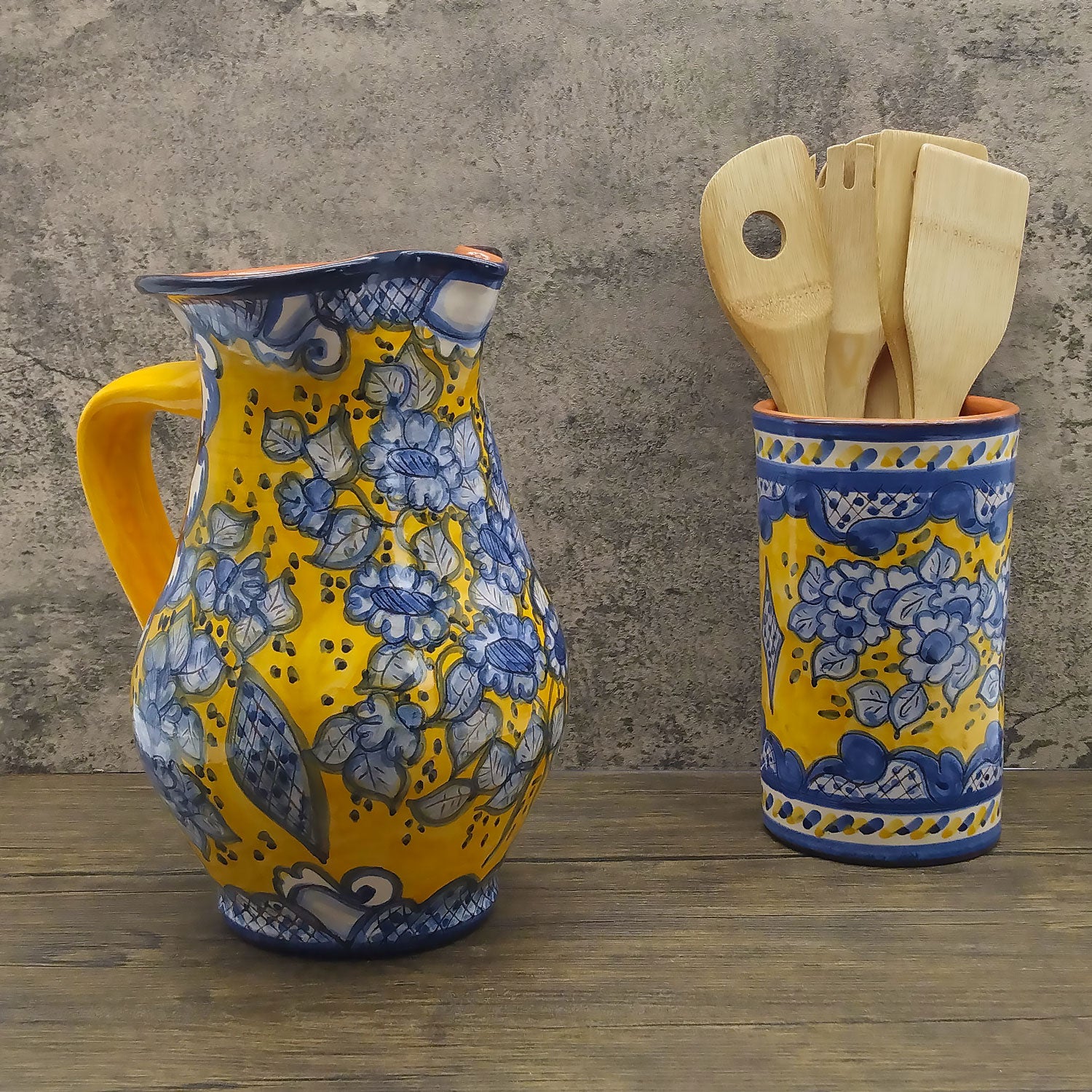 Hand Painted Portuguese Pottery Yellow and Blue 3 Quart Pitcher