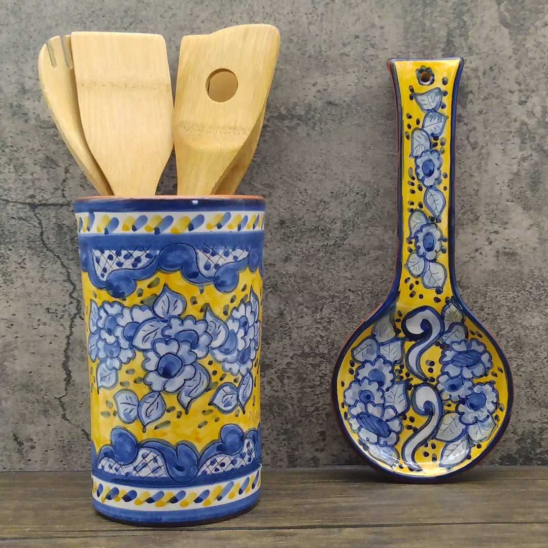Hand Painted Portuguese Pottery Yellow and Blue Ceramic Spoon Rest