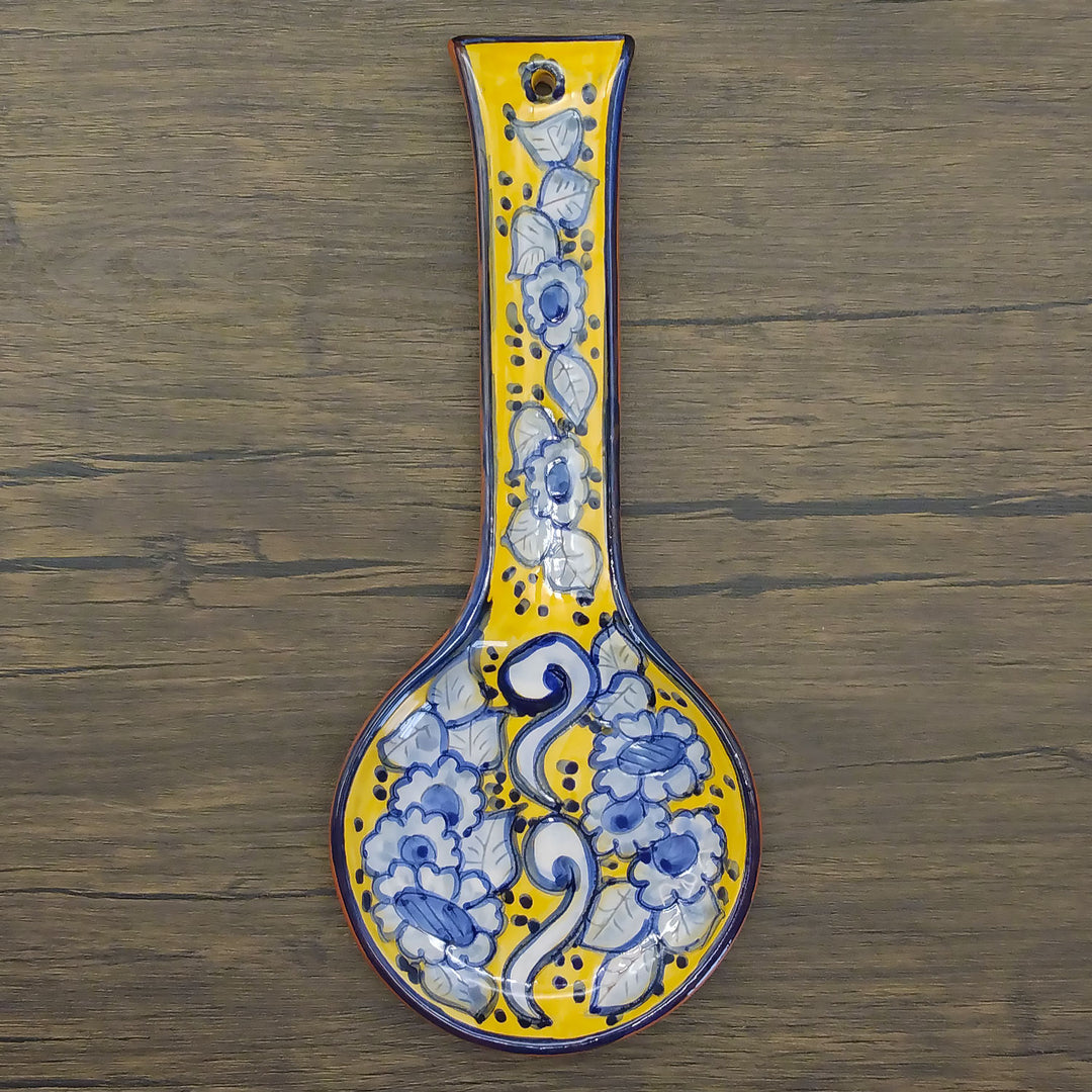 Hand Painted Portuguese Pottery Yellow and Blue Ceramic Spoon Rest