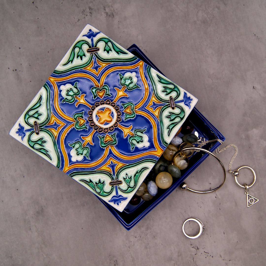 Hand Painted Portuguese Tiles Decorative Ceramic Box with Lid