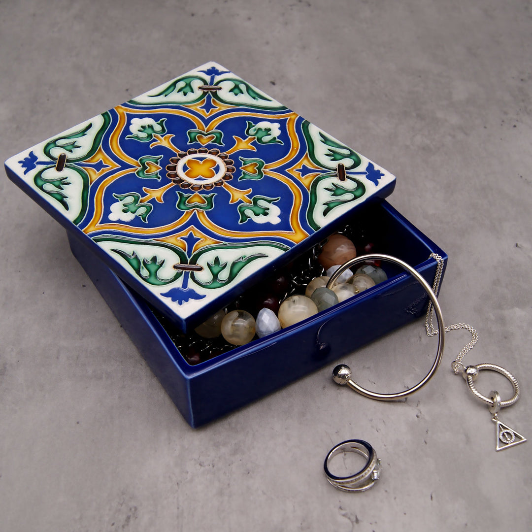 Hand Painted Portuguese Tiles Decorative Ceramic Box with Lid