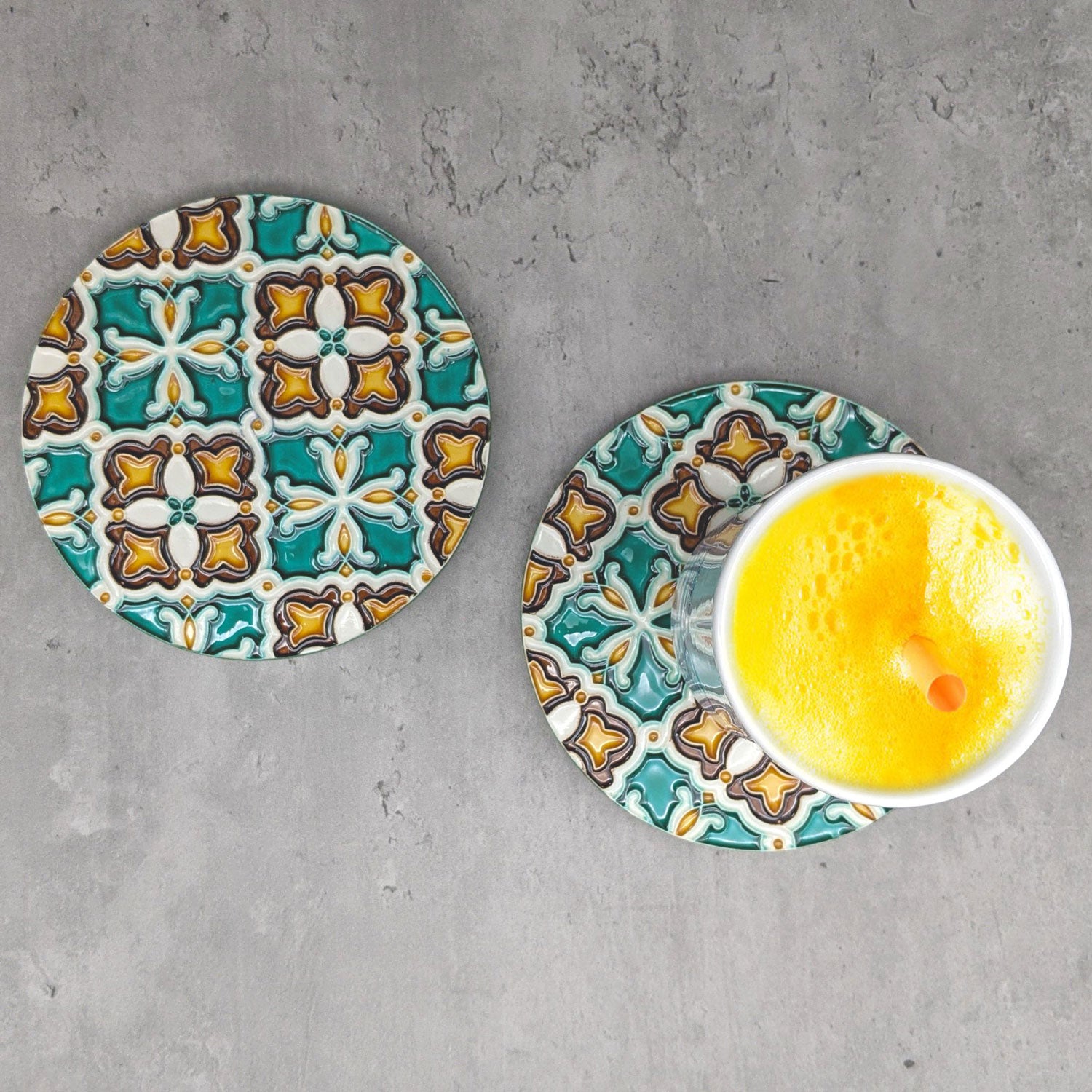 Hand painted Portuguese Ceramic Tile Round Coaster – Set of 3