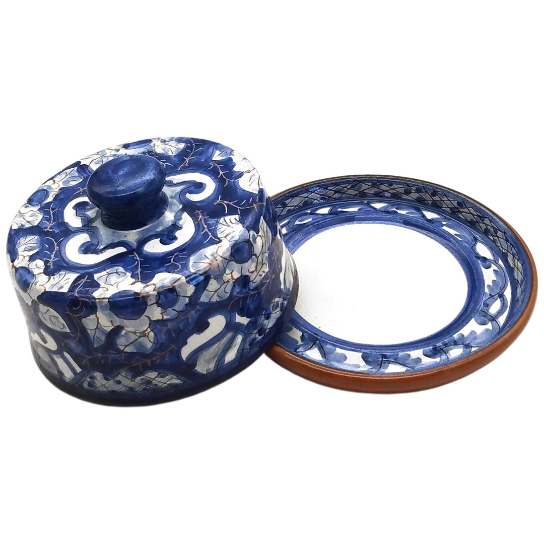 Handmade Hand Painted Portuguese Pottery Blue Butter Dish with Lid