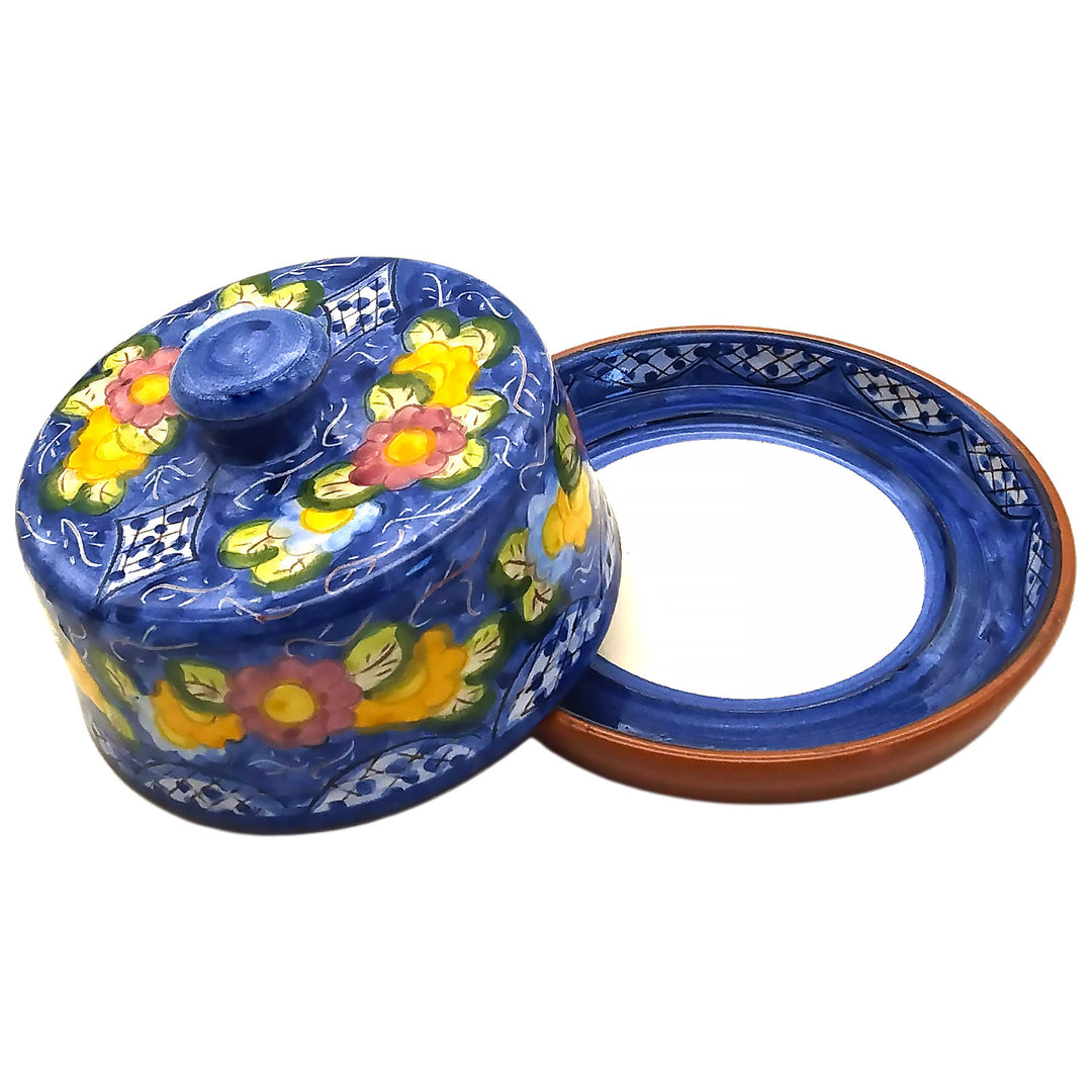 Handmade Hand Painted Portuguese Pottery Floral Butter Dish with Lid
