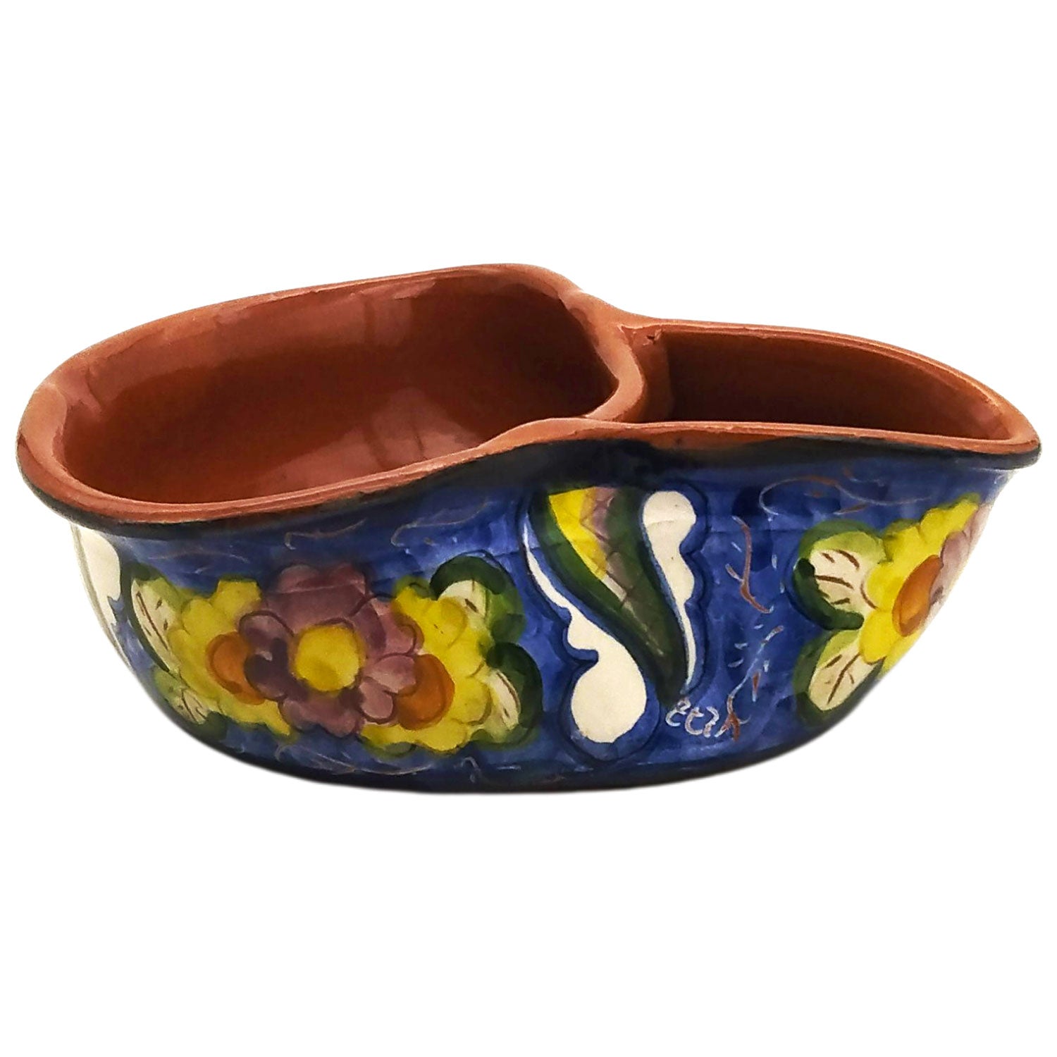 Handmade Hand Painted Portuguese Pottery Floral Olive Dish with Pit Holder