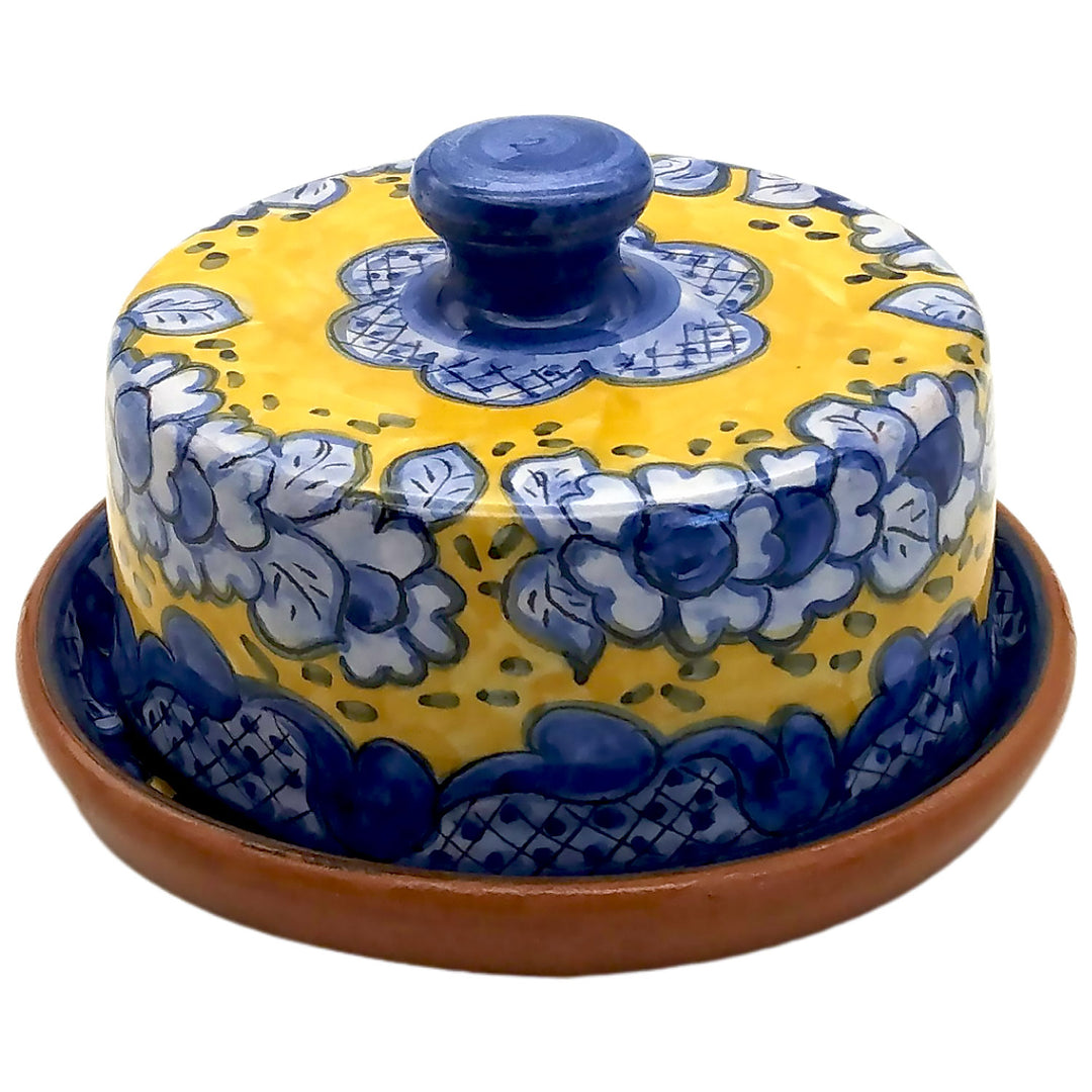 Handmade Hand Painted Portuguese Pottery Yellow Butter Dish with Lid