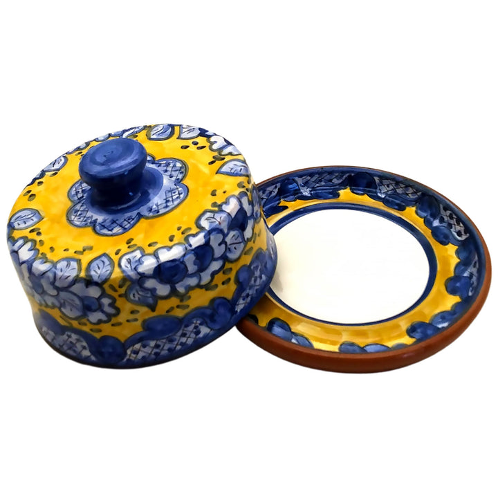 Handmade Hand Painted Portuguese Pottery Yellow Butter Dish with Lid