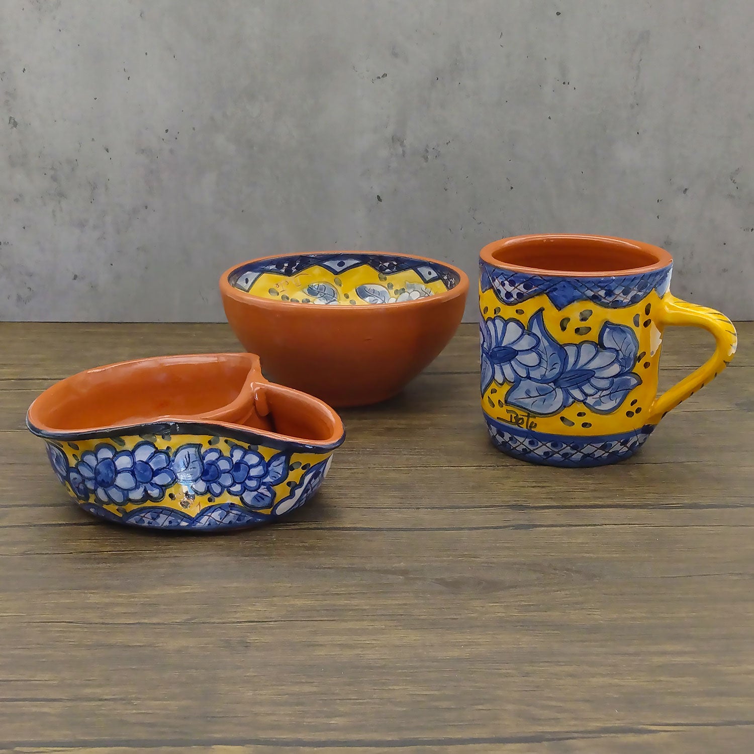 Handmade Hand Painted Portuguese Pottery Yellow Olive Dish with Pit Holder