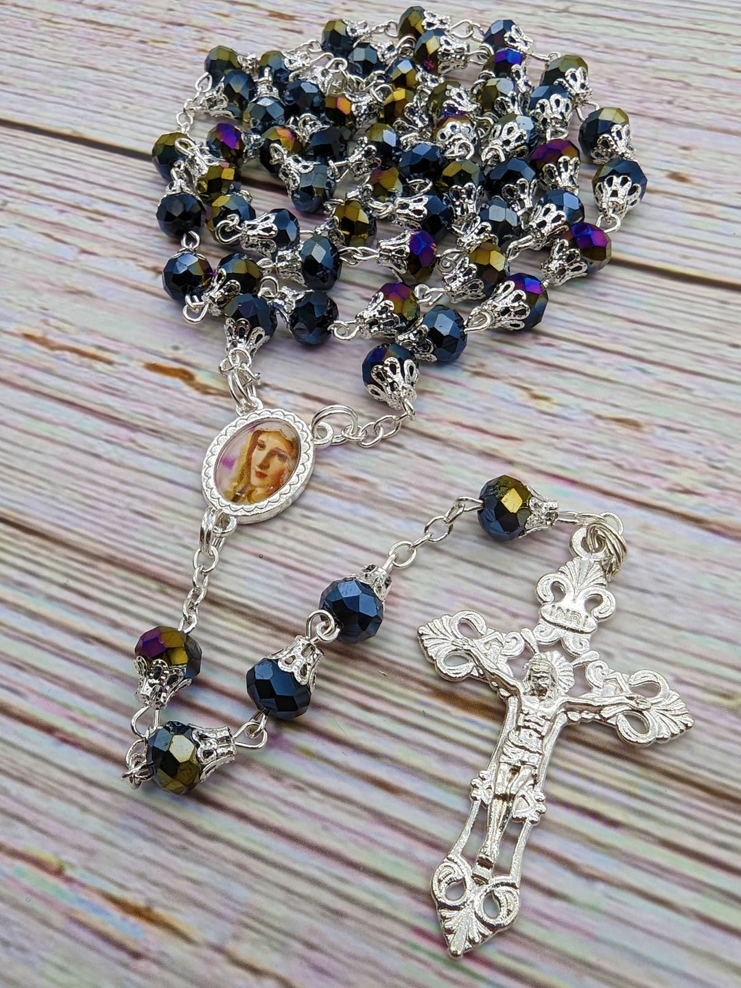 Handmade Our Lady of Fatima Rosary Black Hematite Beads