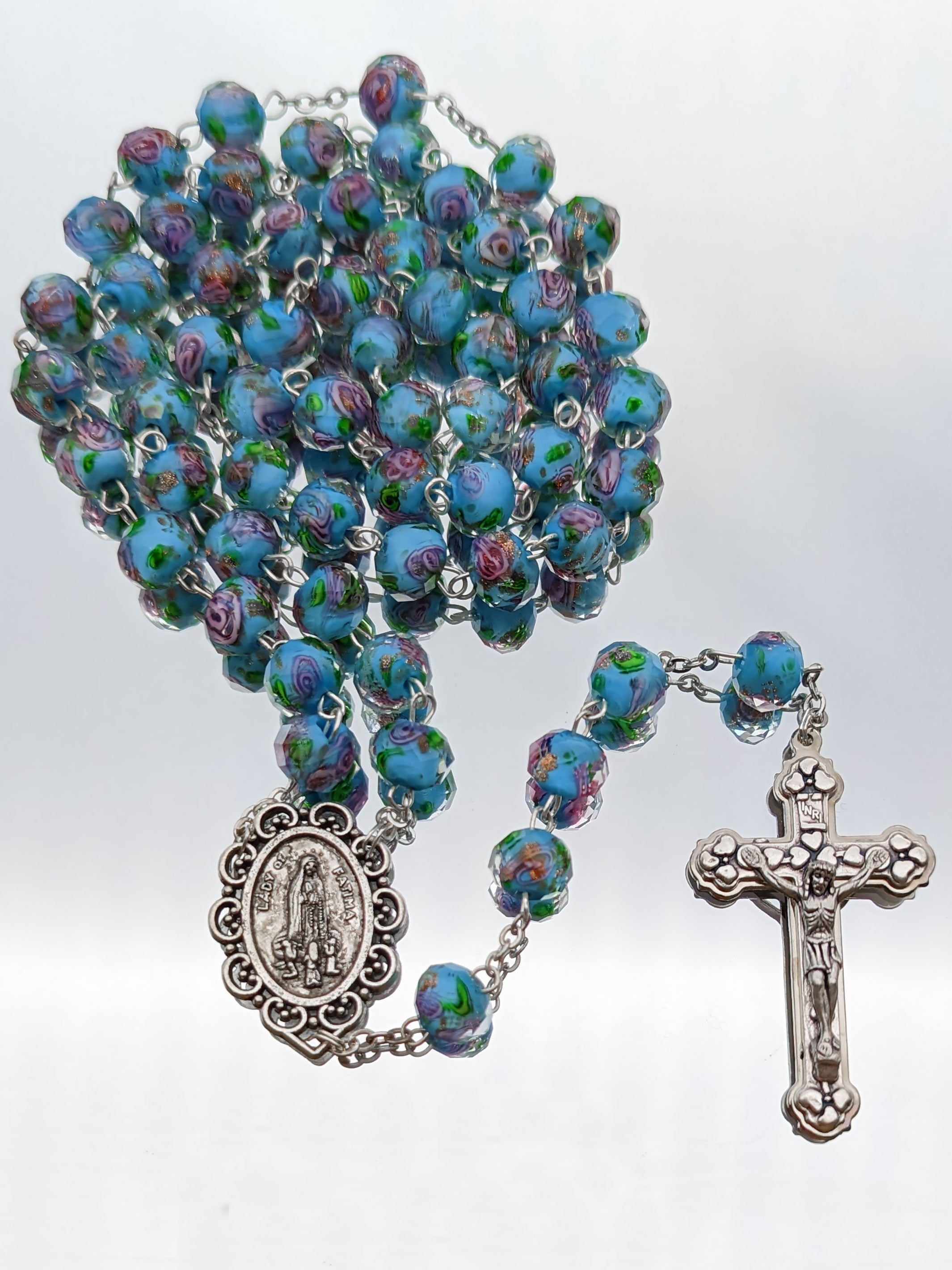 Handmade Our Lady of Fatima Rosary with Murano Glass Beads Blue