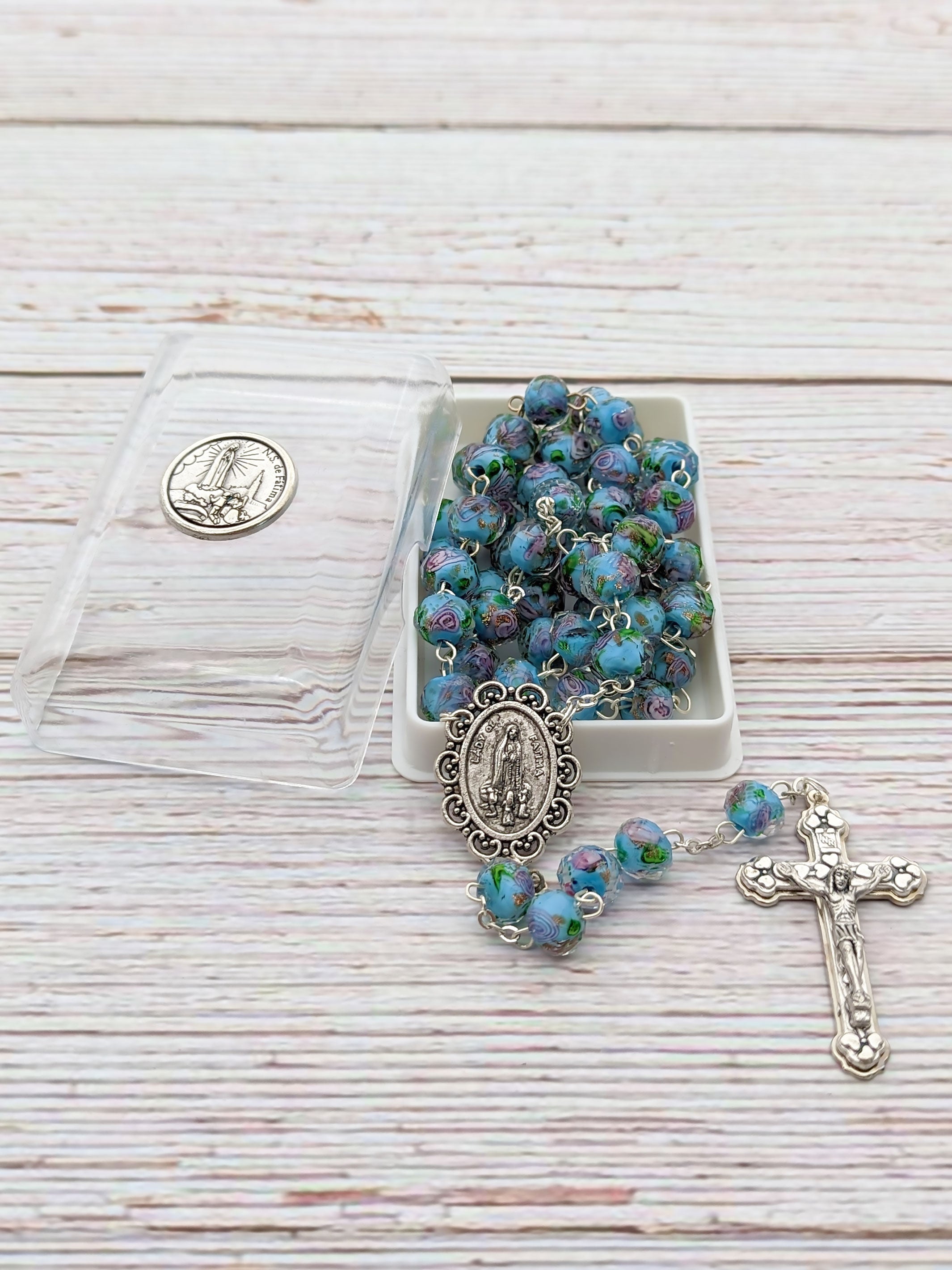 Handmade Our Lady of Fatima Rosary with Murano Glass Beads Blue