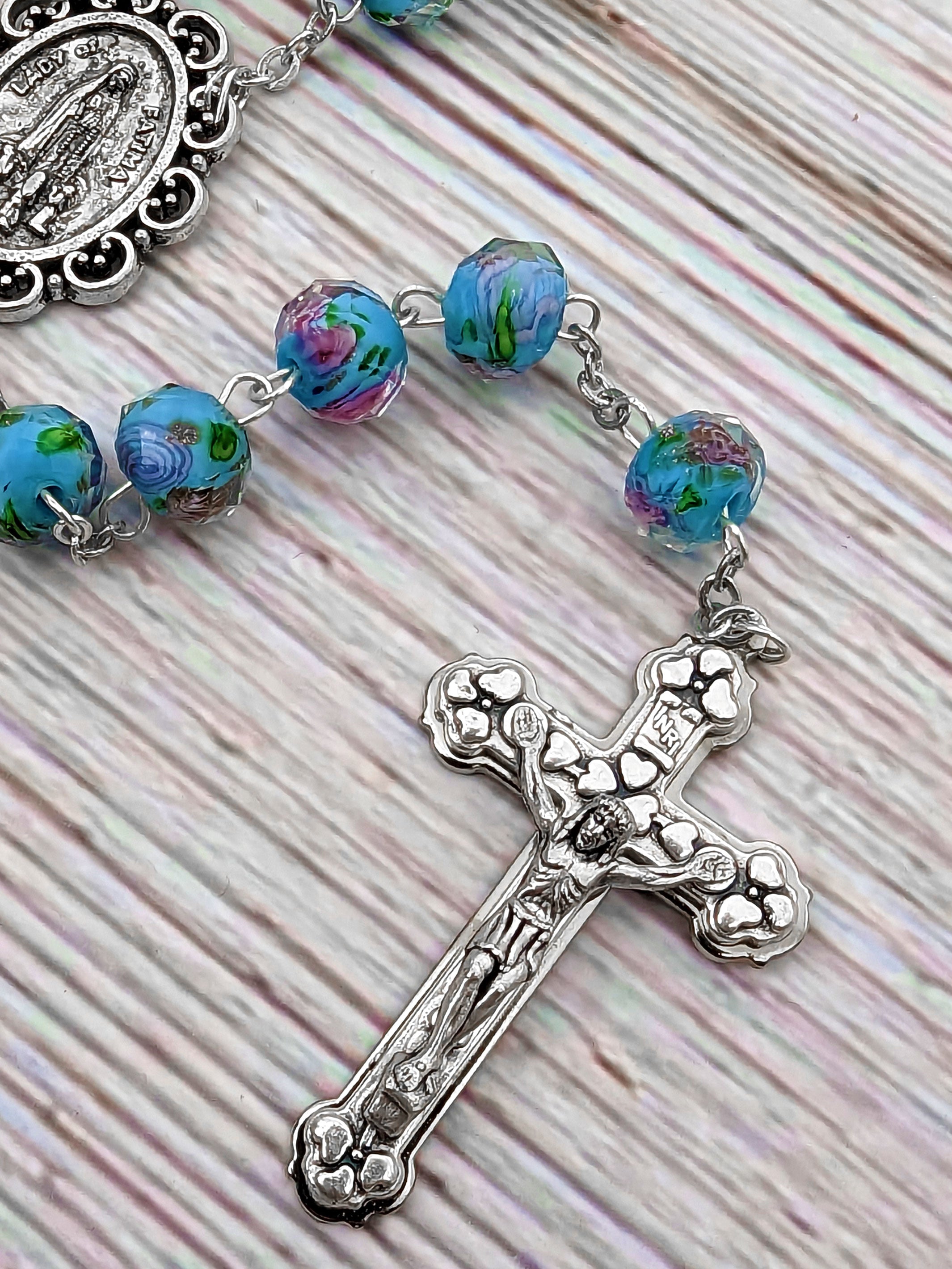 Handmade Our Lady of Fatima Rosary with Murano Glass Beads Blue