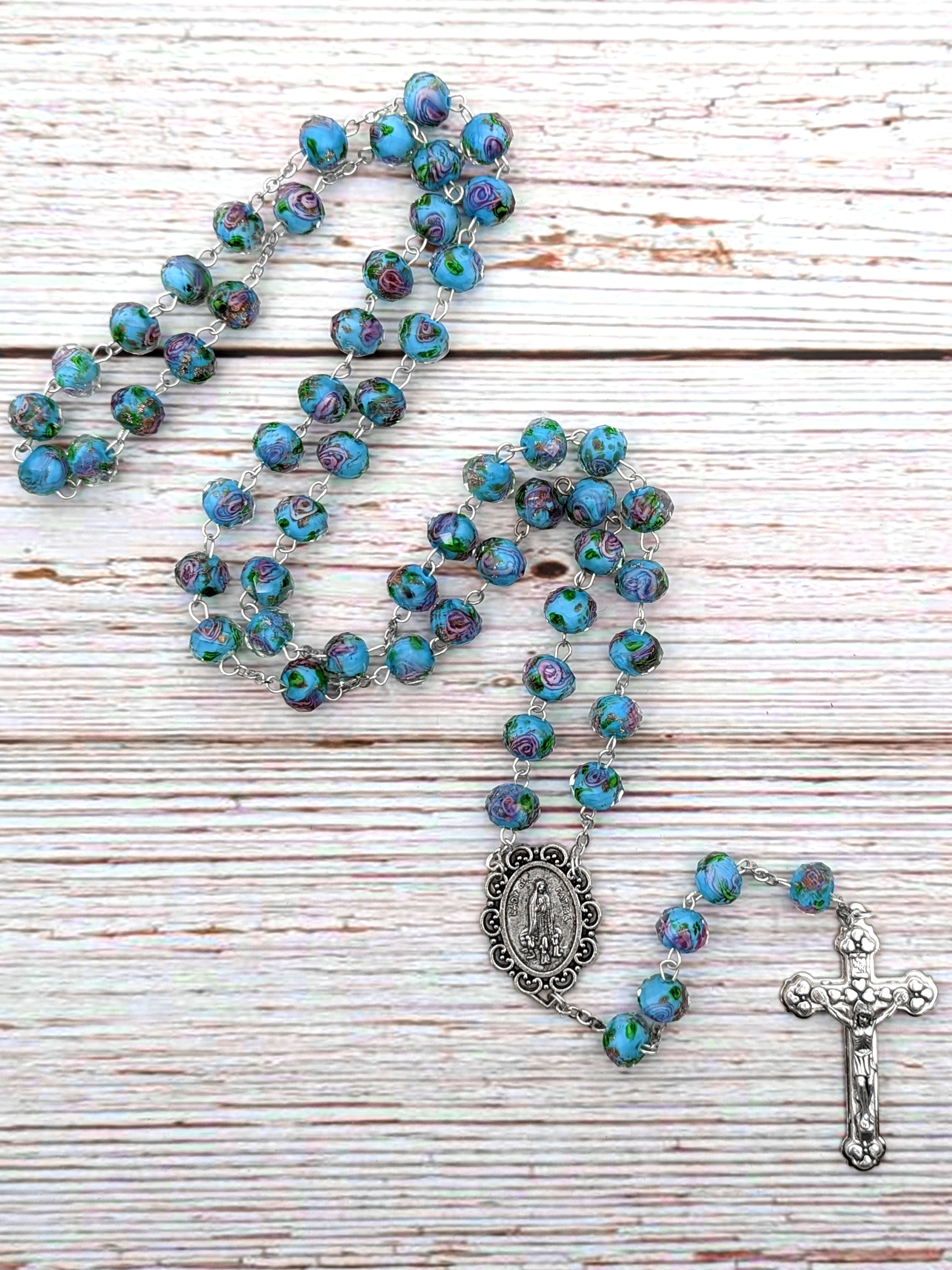 Handmade Our Lady of Fatima Rosary with Murano Glass Beads Blue