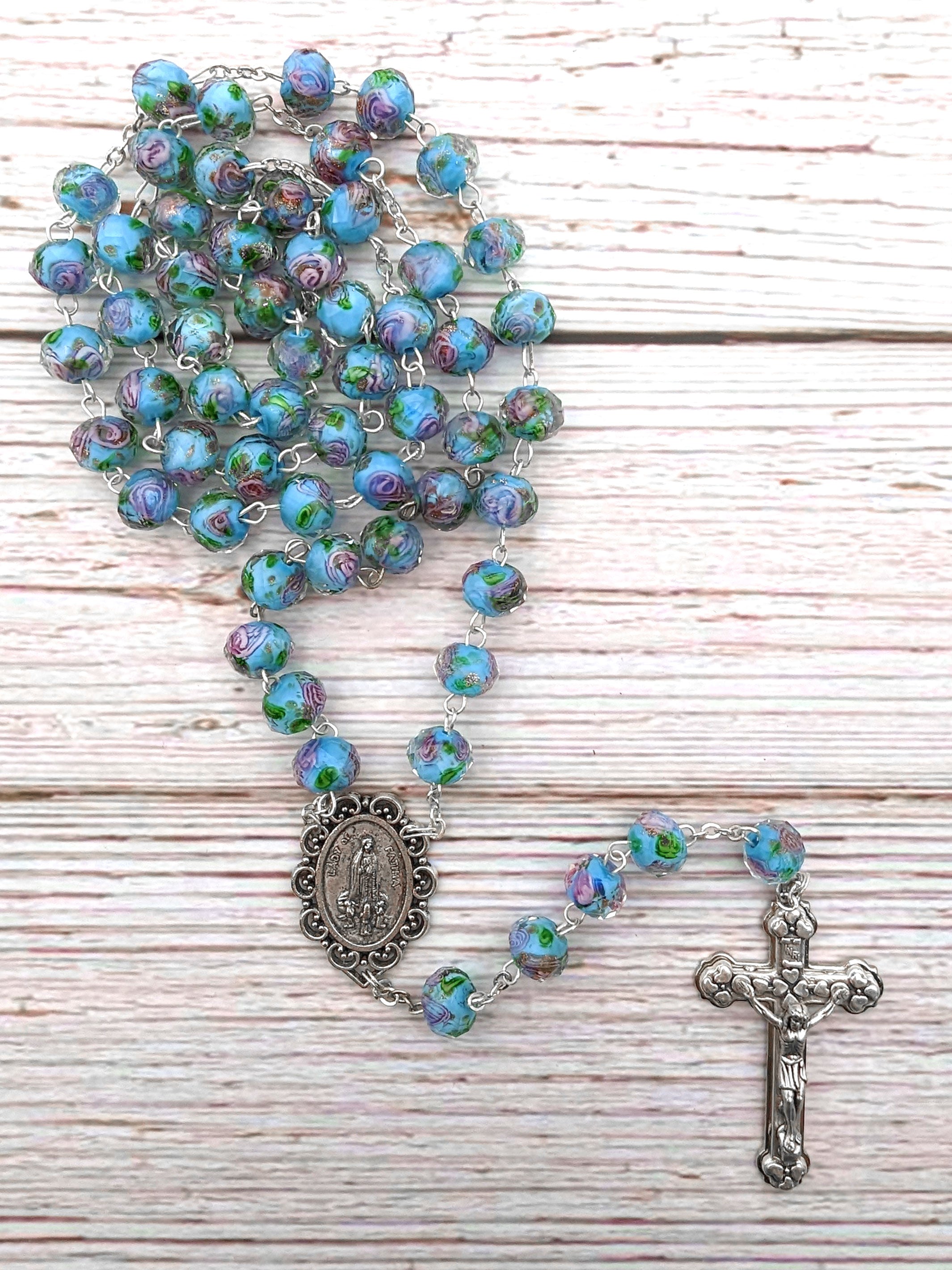 Handmade Our Lady of Fatima Rosary with Murano Glass Beads Blue