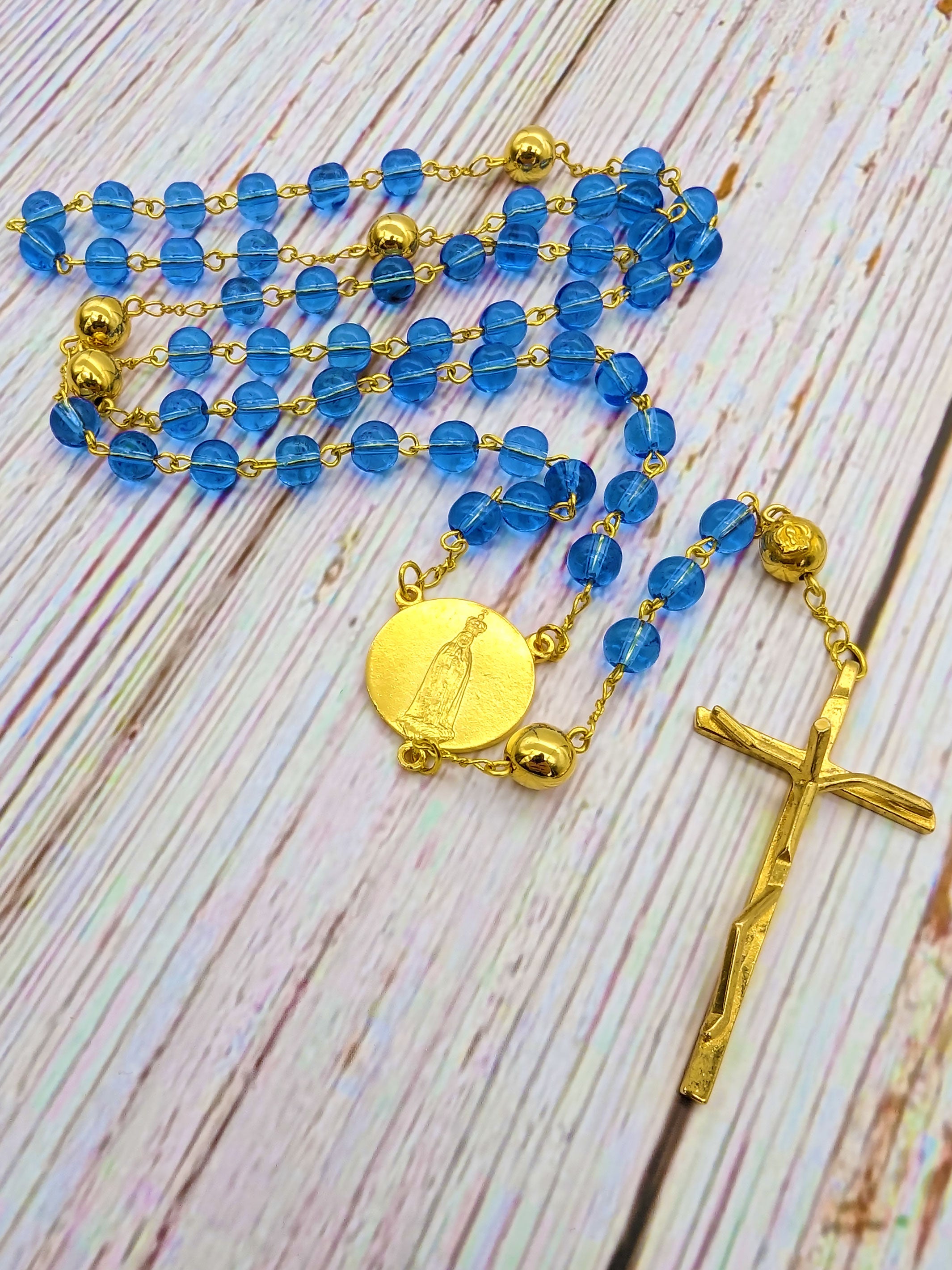 Handmade Shrine of Fatima Official Rosary with Blue Glass Beads