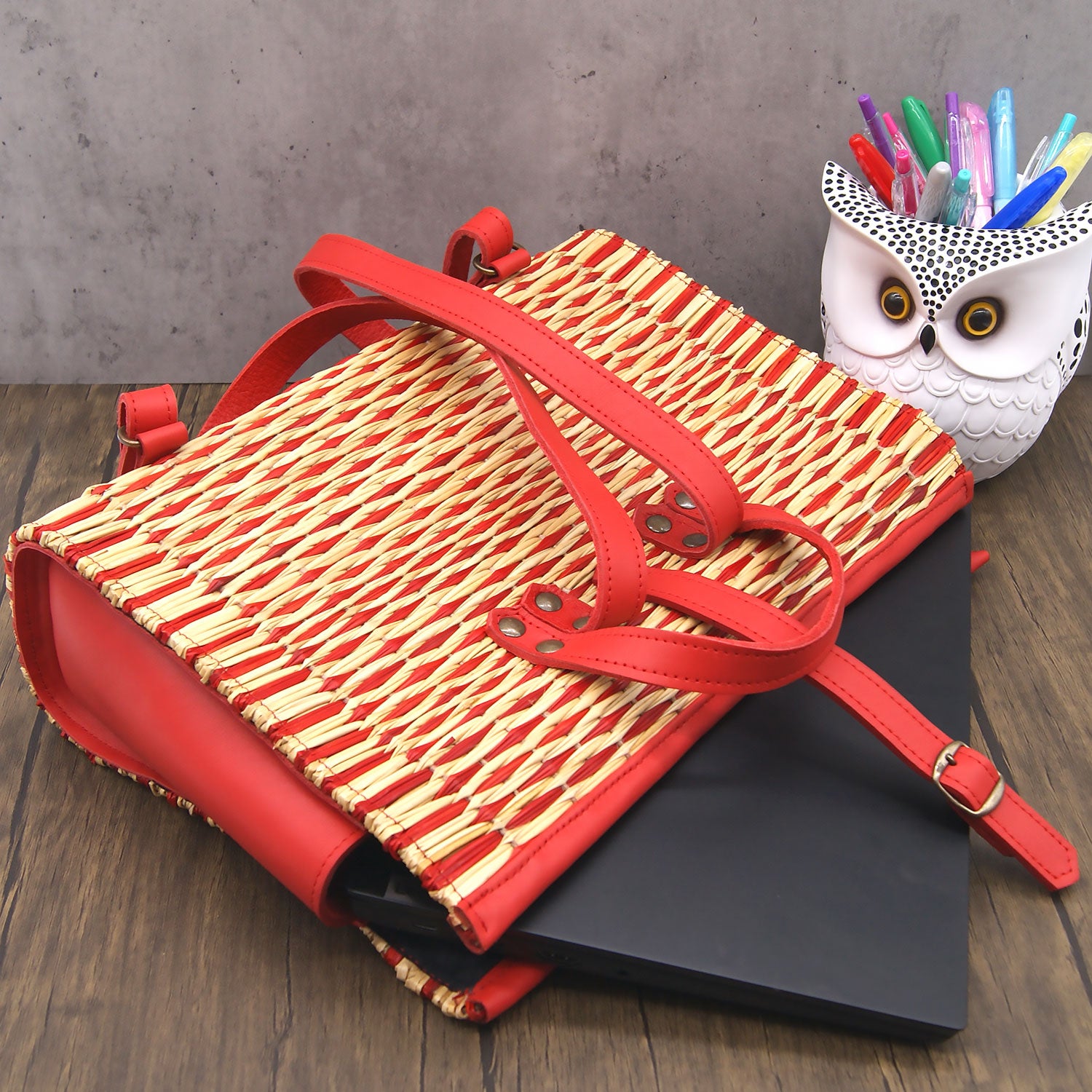 Handmade Wicker Straw Basket Laptop Backpack for Women Made in Portugal