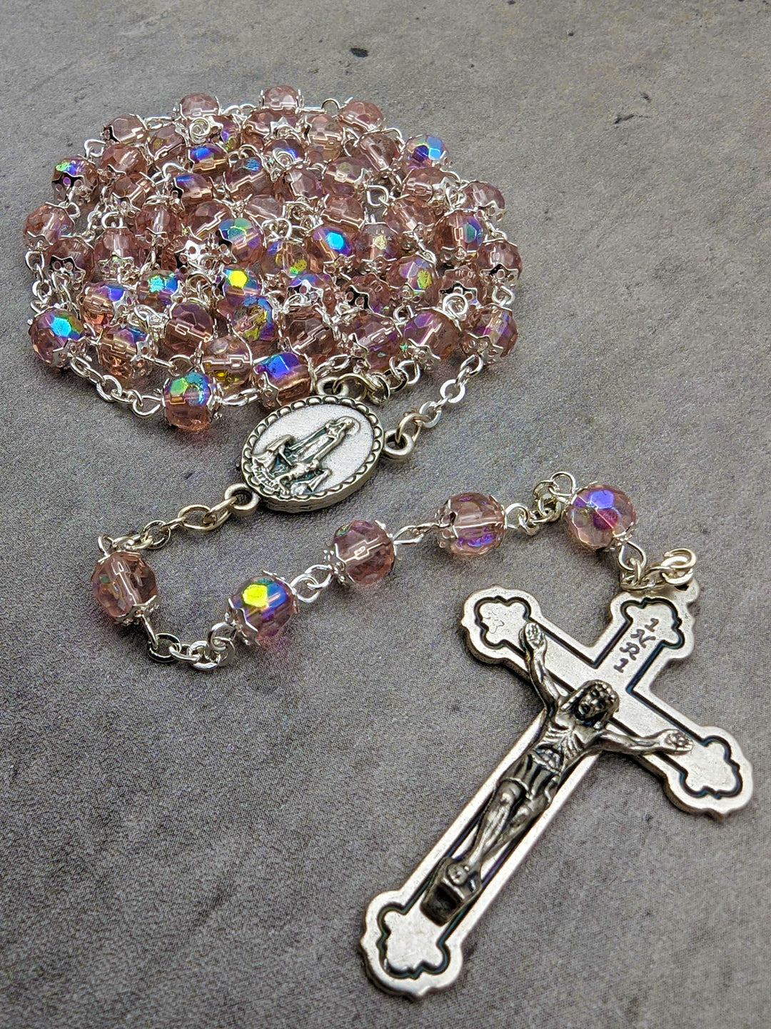 Handmade 6mm Pink Crystal Beads Our Lady of Fatima Rosary