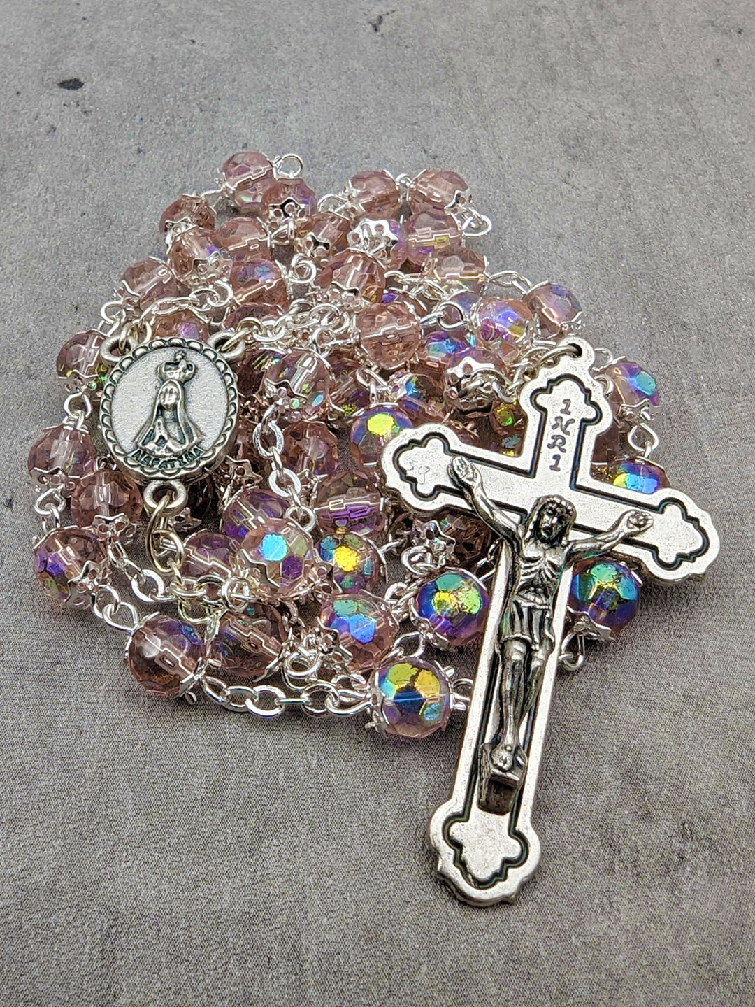 Handmade 6mm Pink Crystal Beads Our Lady of Fatima Rosary