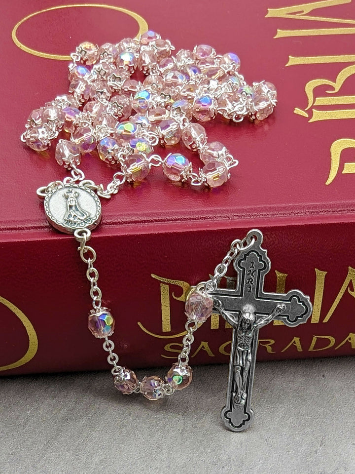 Handmade 6mm Pink Crystal Beads Our Lady of Fatima Rosary