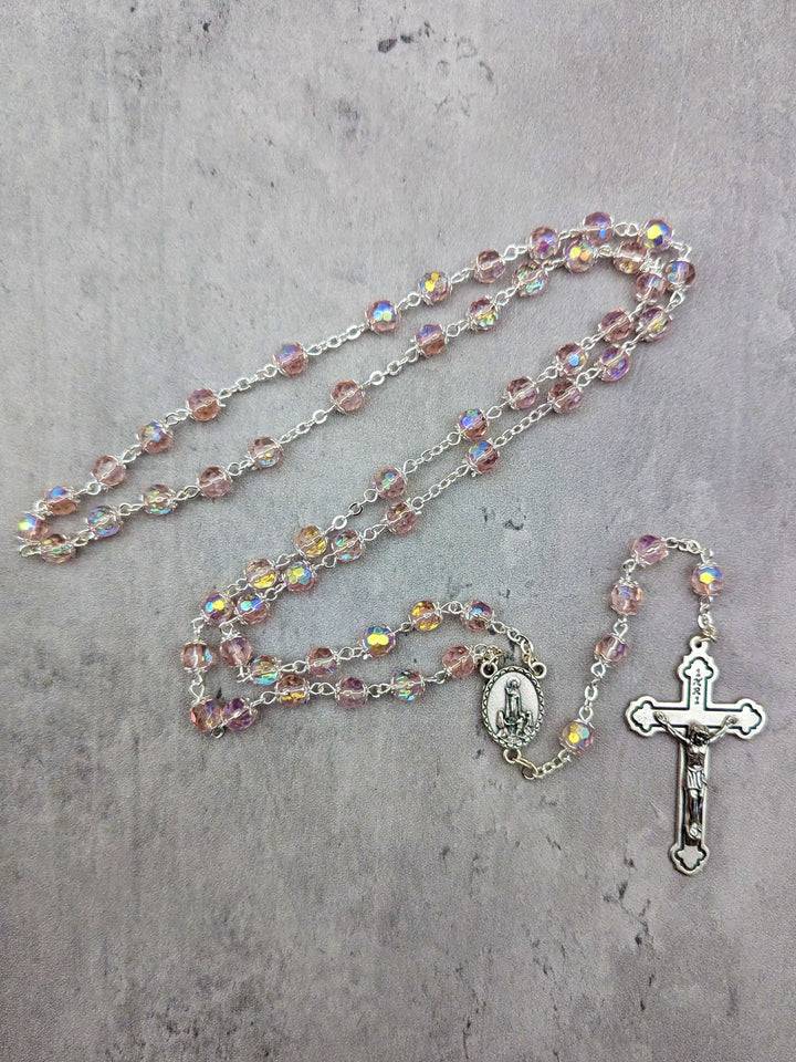 Handmade 6mm Pink Crystal Beads Our Lady of Fatima Rosary