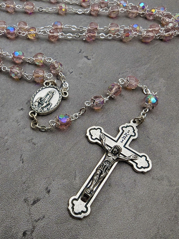 Handmade 6mm Pink Crystal Beads Our Lady of Fatima Rosary