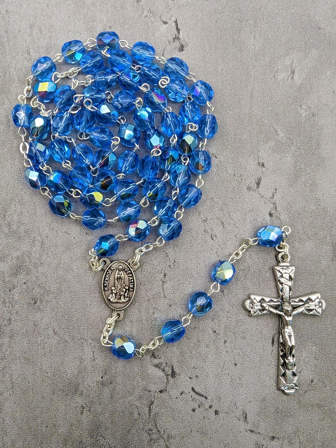 Handmade 7mm Blue Crystal Beads Our Lady of Fatima Rosary