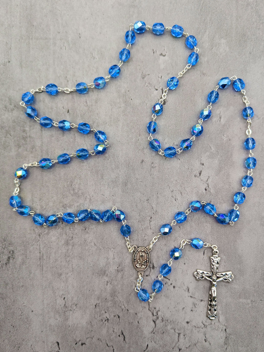 Handmade 7mm Blue Crystal Beads Our Lady of Fatima Rosary