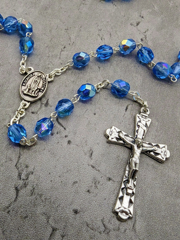 Handmade 7mm Blue Crystal Beads Our Lady of Fatima Rosary