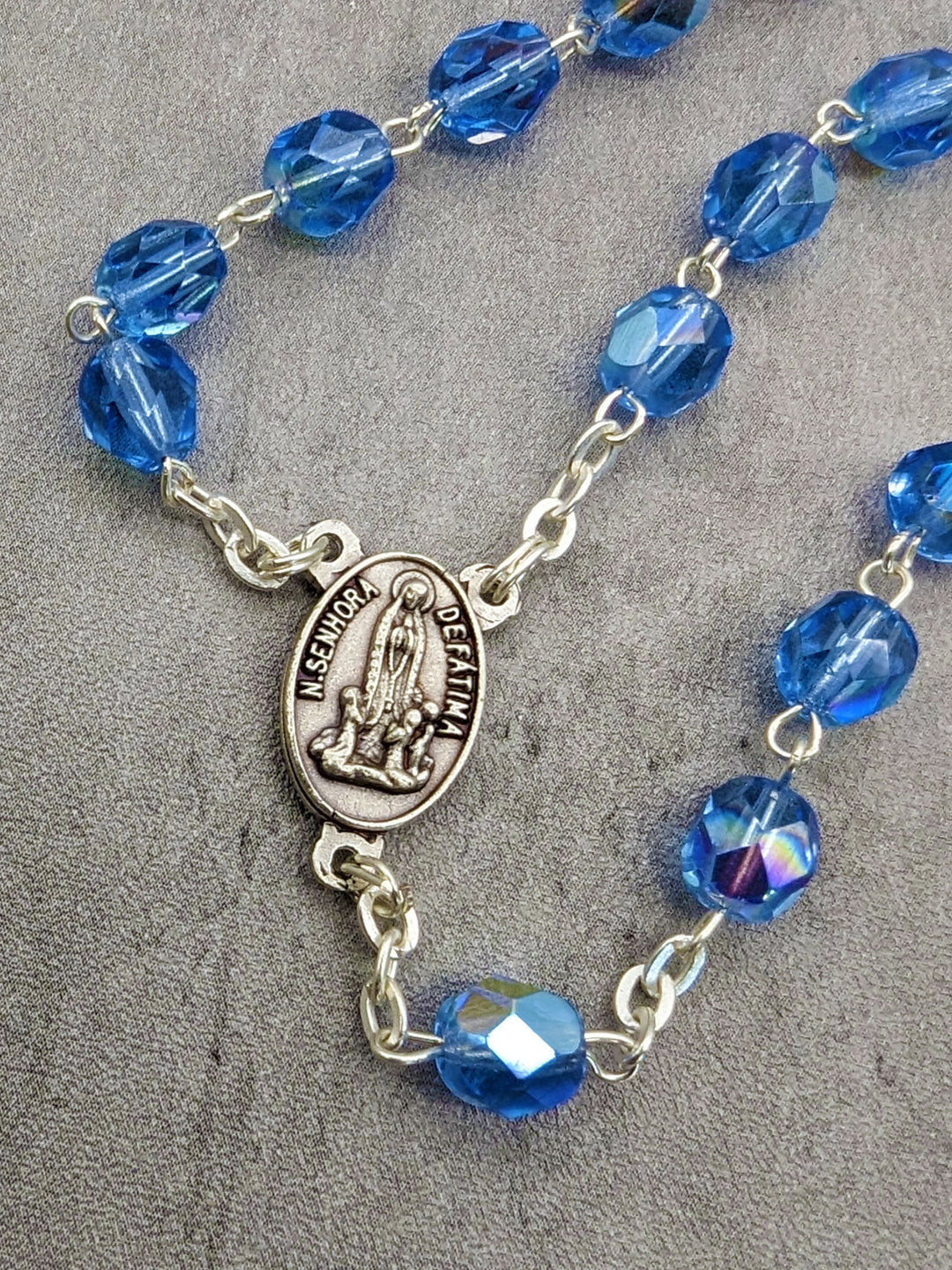 Handmade 7mm Blue Crystal Beads Our Lady of Fatima Rosary