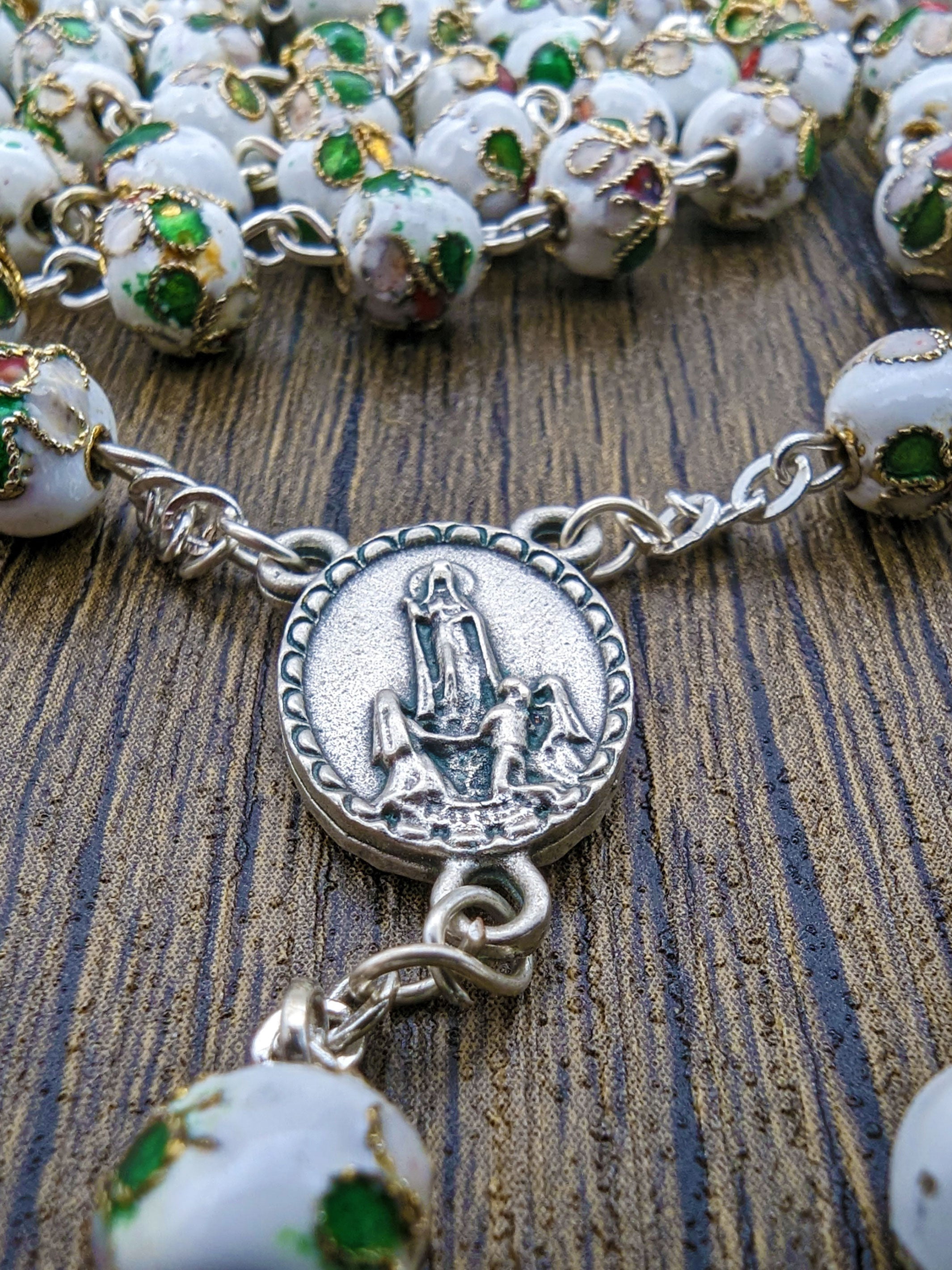 Handmade 8mm White Cloisonne Glass Beads Our Lady of Fatima Rosary