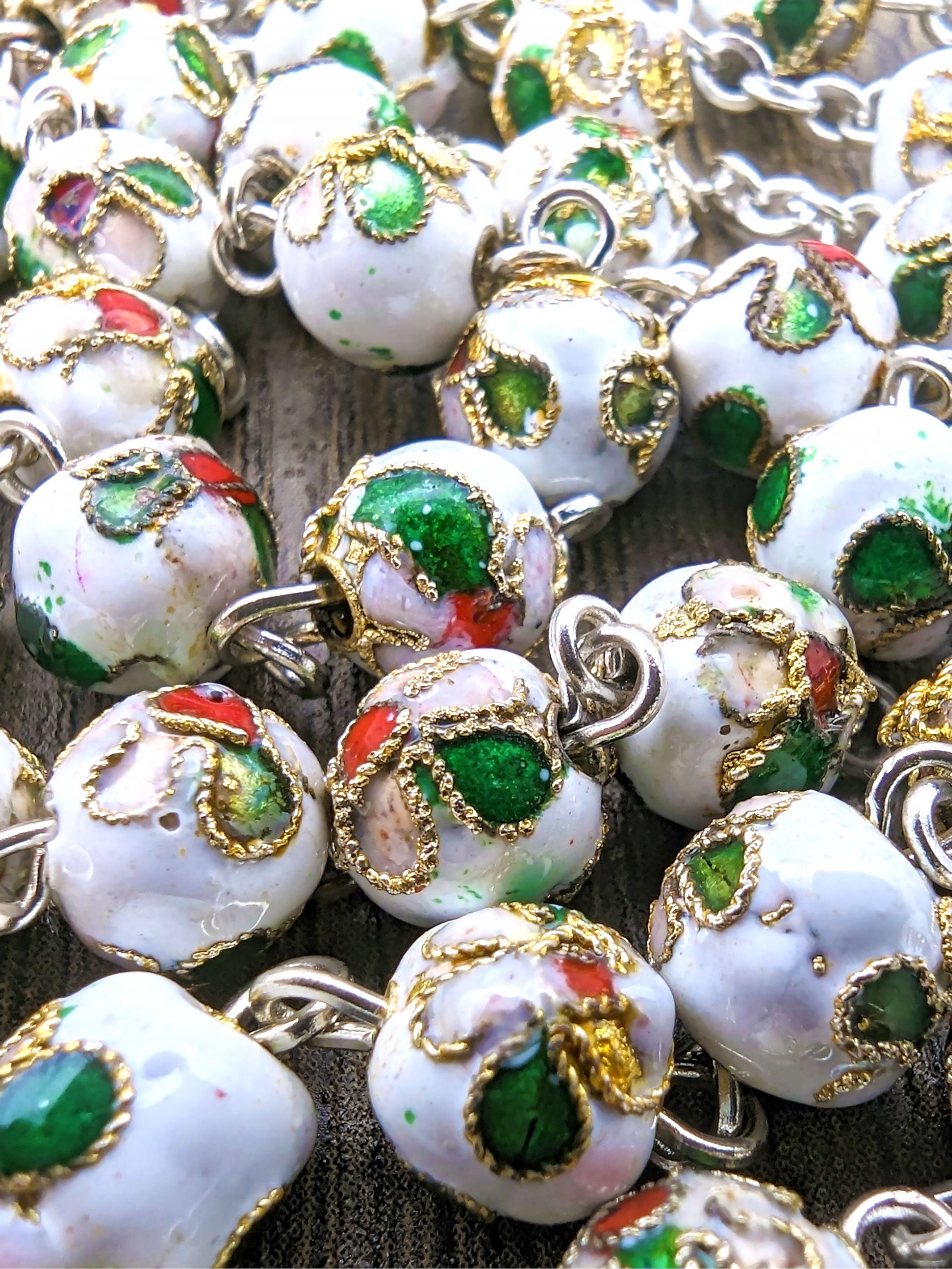 Handmade 8mm White Cloisonne Glass Beads Our Lady of Fatima Rosary
