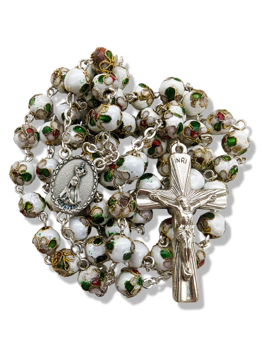 Handmade 8mm White Cloisonne Glass Beads Our Lady of Fatima Rosary