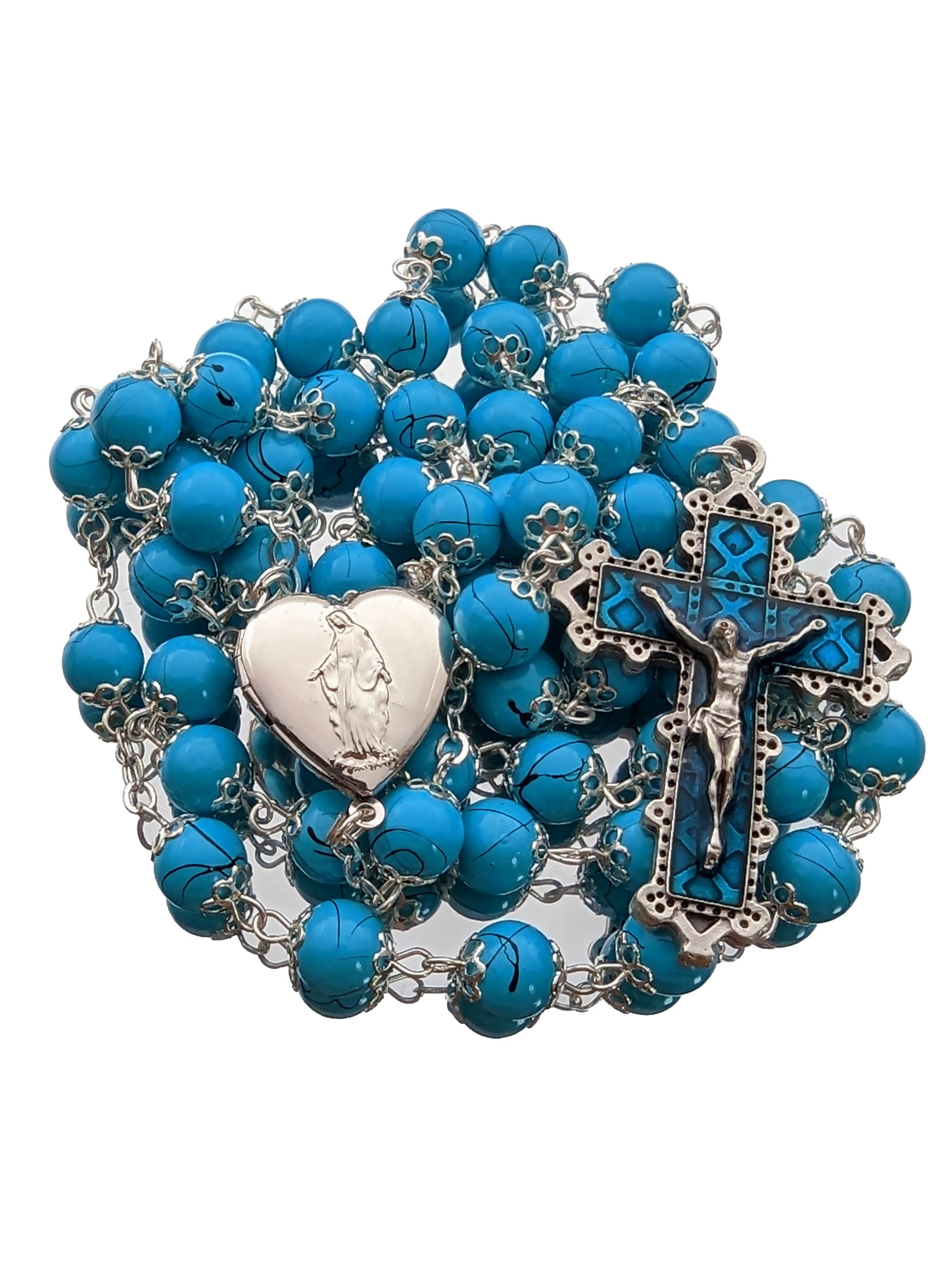Handmade Heart Locket Our Lady of Fatima Rosary Glass Aqua Beads