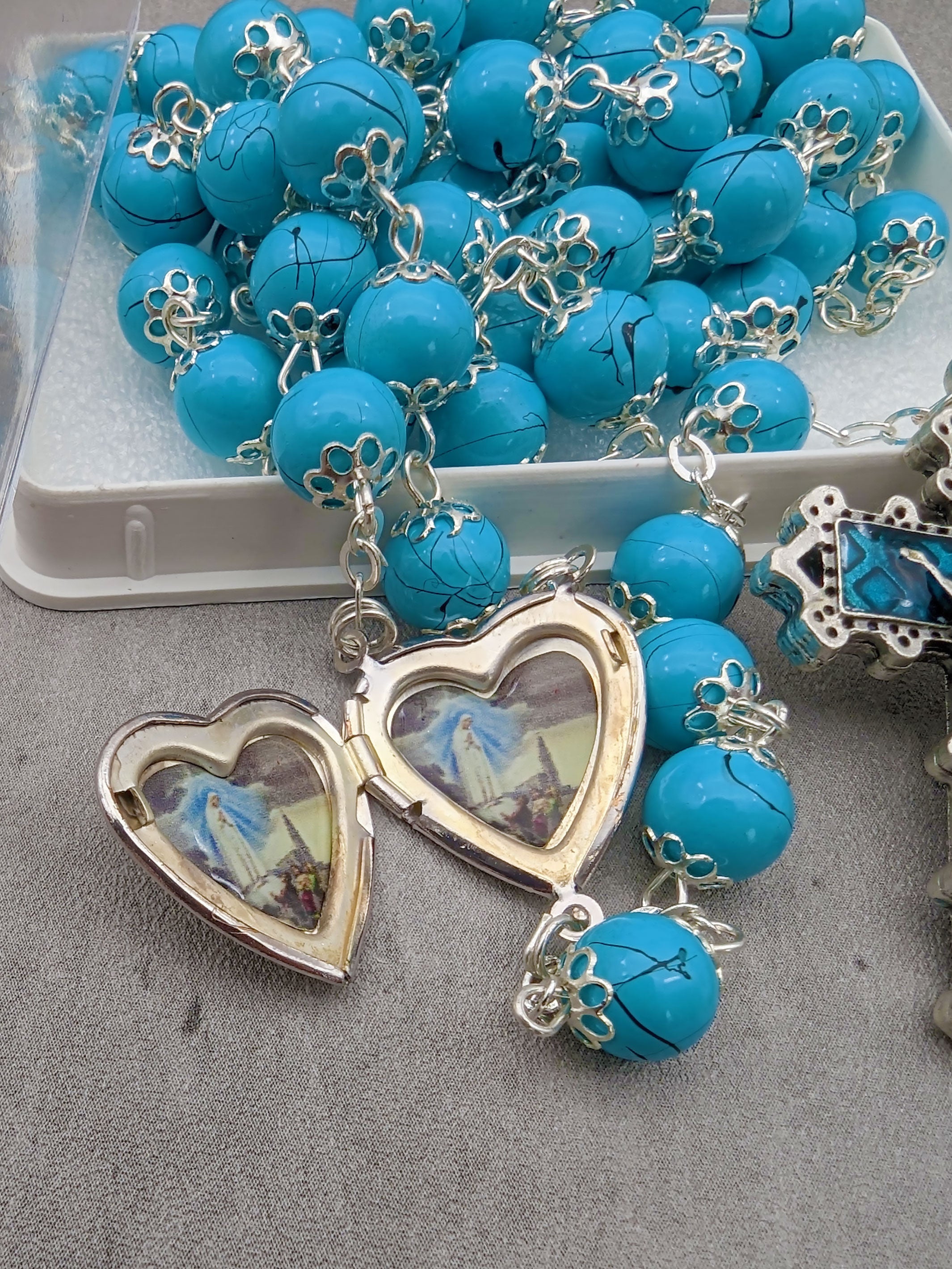 Handmade Heart Locket Our Lady of Fatima Rosary Glass Aqua Beads