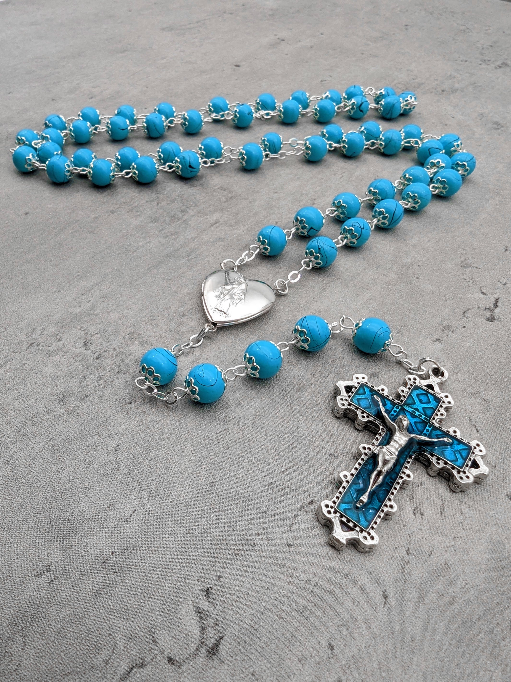Handmade Heart Locket Our Lady of Fatima Rosary Glass Aqua Beads
